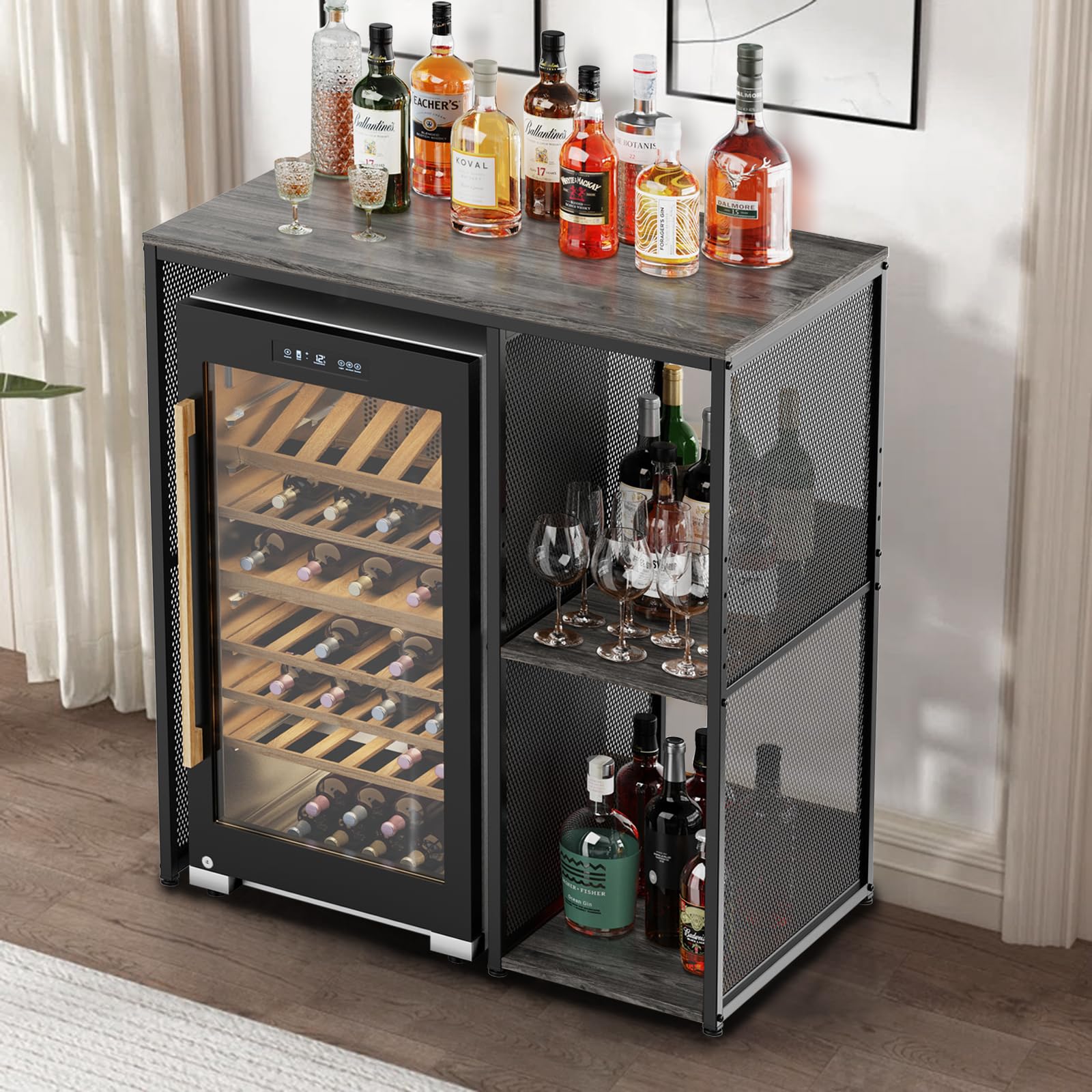 KirKical 3-Tier Coffee Bar Cabinet with Mini Fridge Space, Heavy-Duty Rustic Grey Microwave Stand Baker Rack, Utility Storage Organizer Shelf for Home Kitchen Dorm, Slate Grey