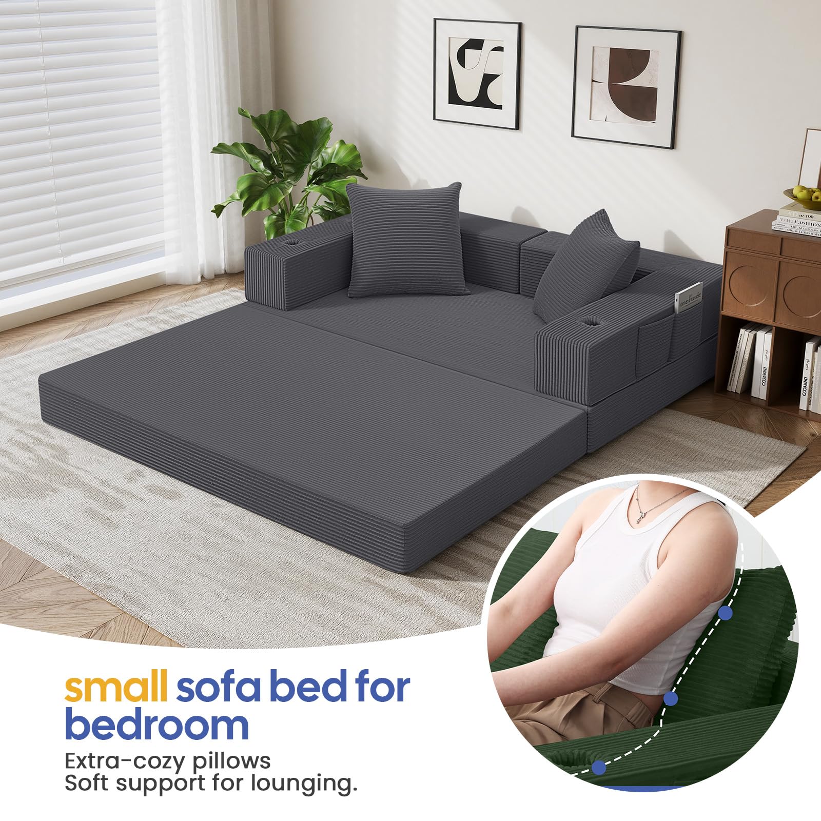 COMAX Futon Sofa Bed, 4‑in‑1 Convertible Sofa Bed, Folding Boneless Couches | Boneless Couch for living room, Fold Out Small Foldable Loveseat Floor Sleeper Mattress Lounge Space‑Saving, Ash Gray