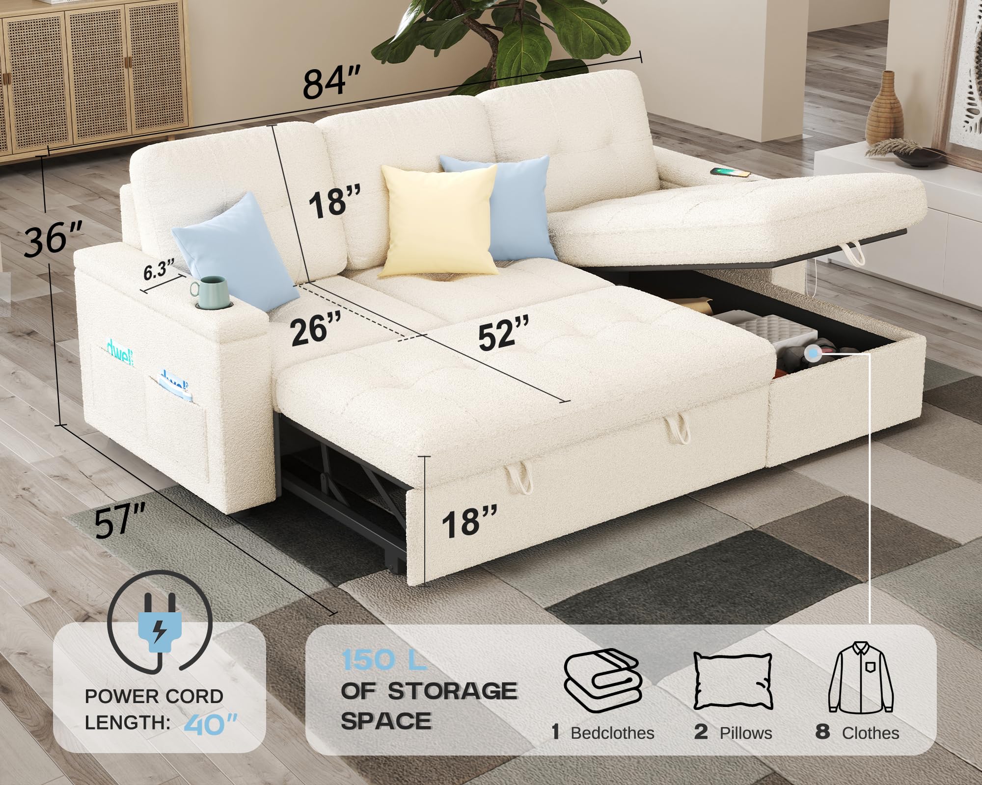 PaPaJet Sofa Bed, Sleeper Sofa with Storage Chaise, L Shaped Sofa with Pull Out Bed, Oversized Sofas for Living Room, Beige