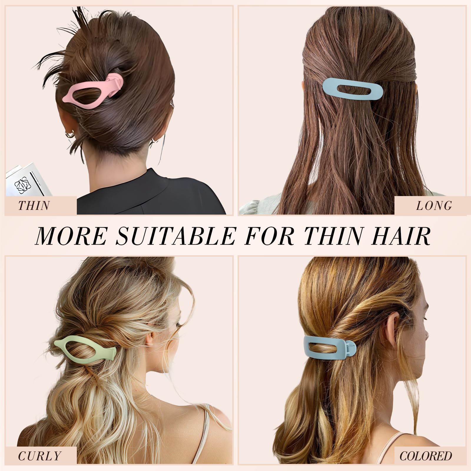 Obeoby 8 Pcs Flat Claw Clips for Women, Strong Hold French Flat Hair Clips for Thick Thin Hair Barrettes Accessories Round Large Medium (Tortoiseshell)