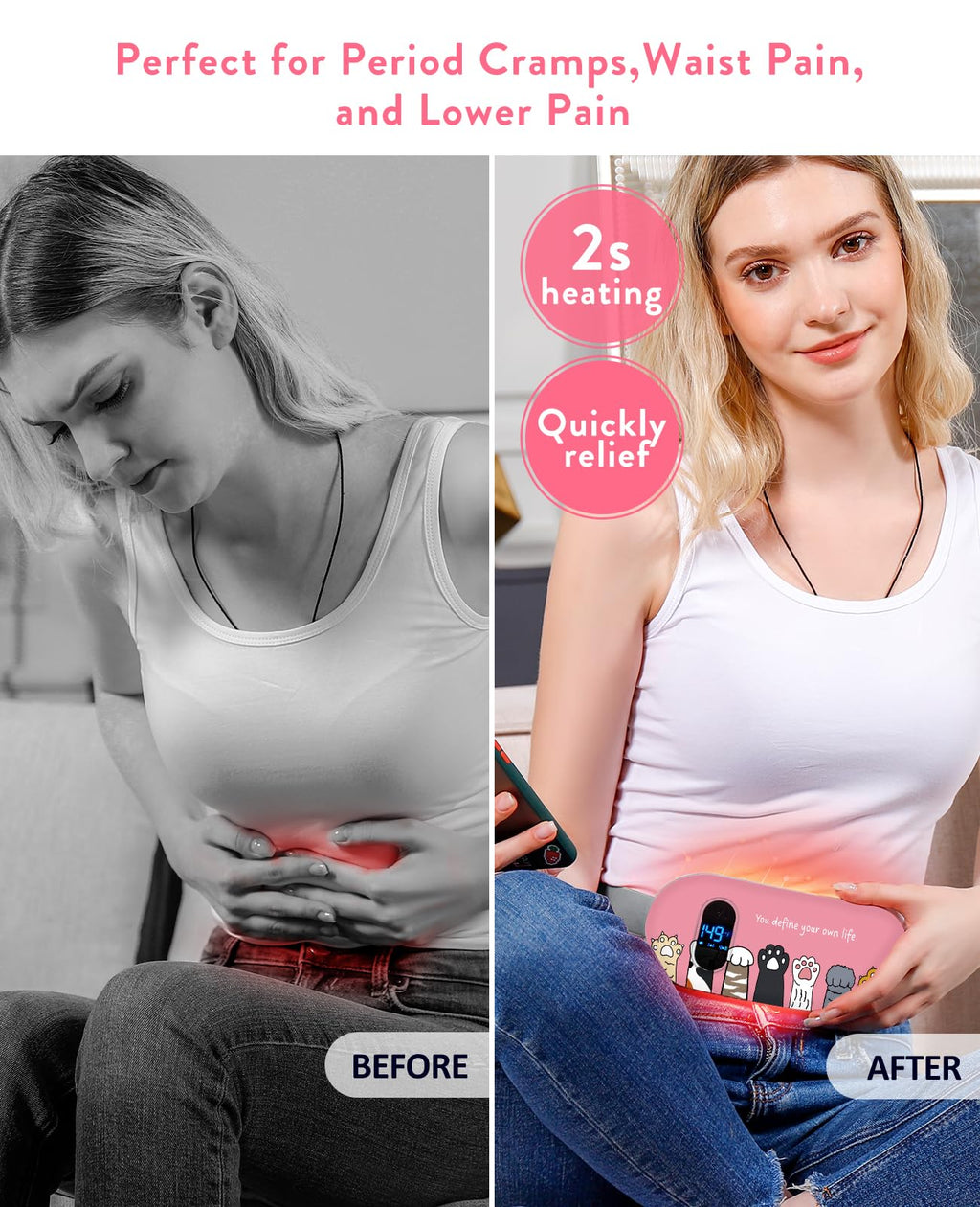 Electric Heating Pad, Portable Cordless Menstrual Heating Pad with 6 Heat Levels and 6 Massage Modes, Fast Large Heating Belly Wrap Belt for Cramps, Back Pain Relief Gifts for Women Girls Her