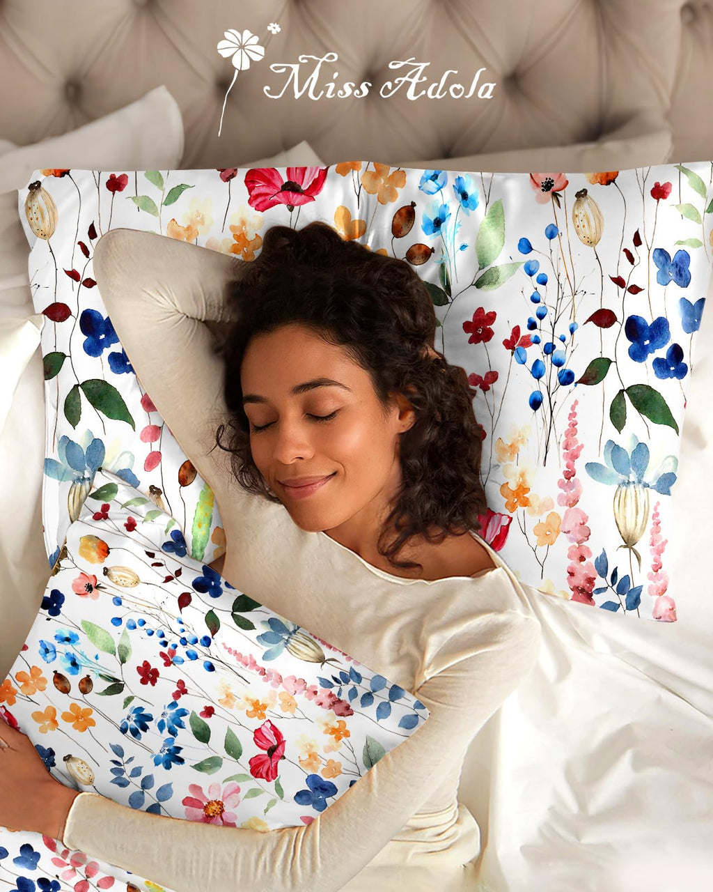 Miss Adola 2 Pack Mulberry Silk Pillowcase for Hair and Skin - Standard Size 20 x 26 Inches with Hidden Zipper Beige Flower 19 Momme Soft Sleeping Silk Pillow Case for Women, Moms