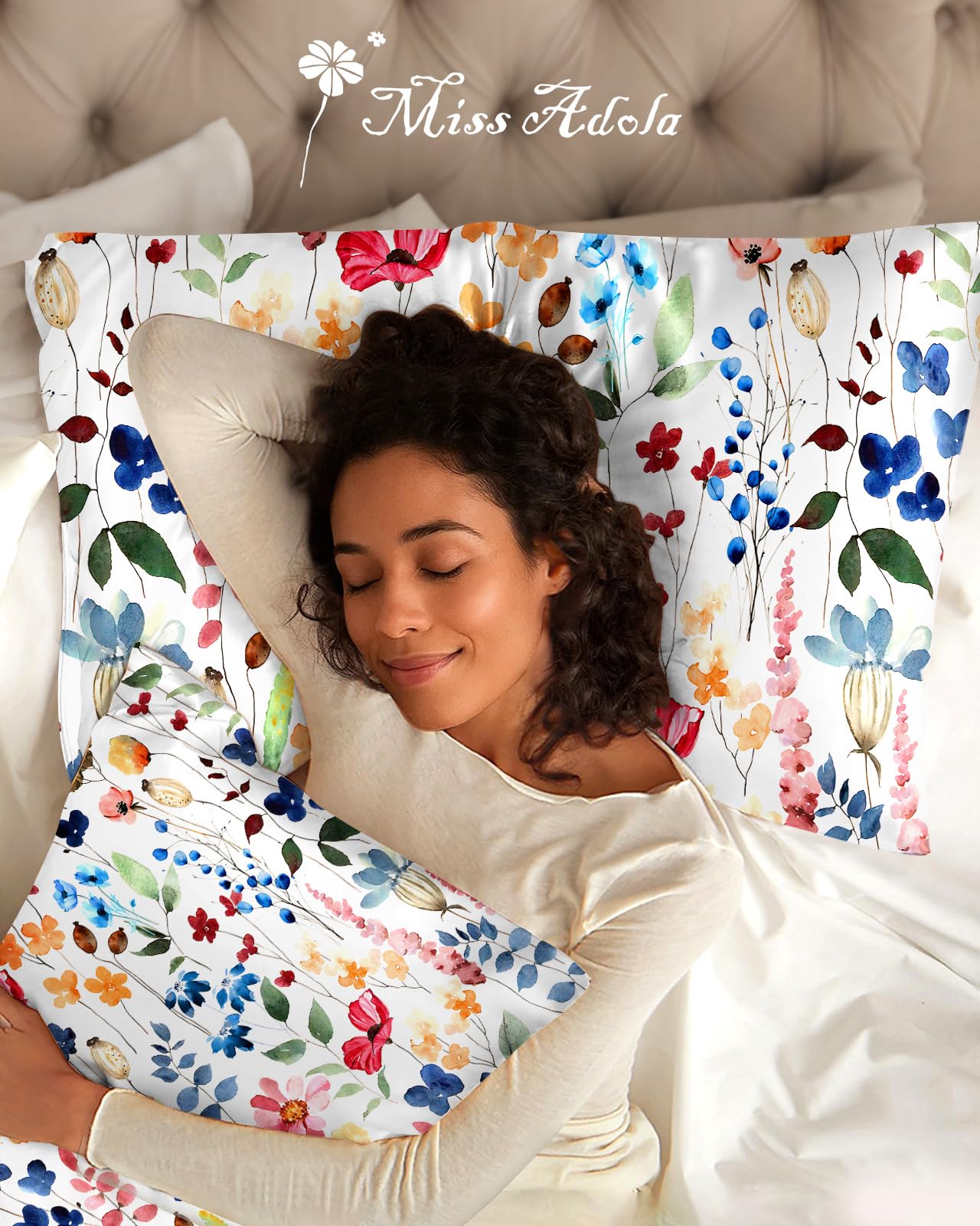 Miss Adola 2 Pack Mulberry Silk Pillowcase for Hair and Skin - Standard Size 20 x 26 Inches with Hidden Zipper Beige Flower 19 Momme Soft Sleeping Silk Pillow Case for Women, Moms