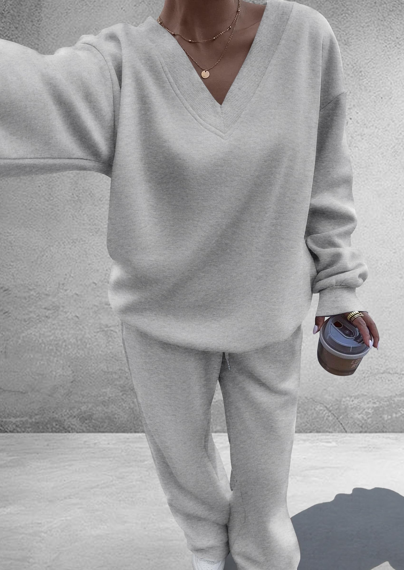 PRETTYGARDEN Casual Winter Two Piece Sets for Women 2026 V Neck Sweatshirt Loose Wide Leg Pants Tracksuit Knit Fall Outfits