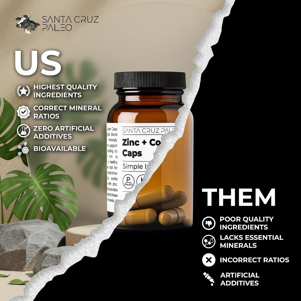 Santa Cruz Paleo, Zinc & Copper Mineral Supplement, High Absorption Formula, Zinc Supplement for Skin & Hair, L Methionine, Copper Gluconate, Trace Minerals, Gluten Free, Keto, Paleo, 60 Capsules