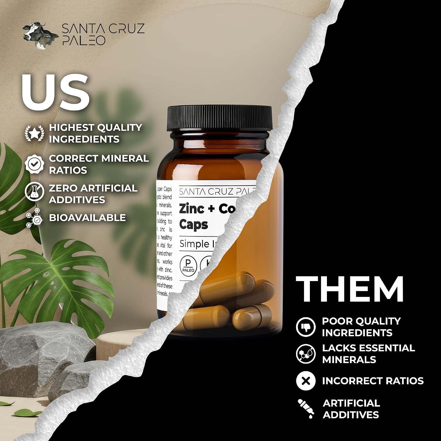 Santa Cruz Paleo, Zinc & Copper Mineral Supplement, High Absorption Formula, Zinc Supplement for Skin & Hair, L Methionine, Copper Gluconate, Trace Minerals, Gluten Free, Keto, Paleo, 60 Capsules