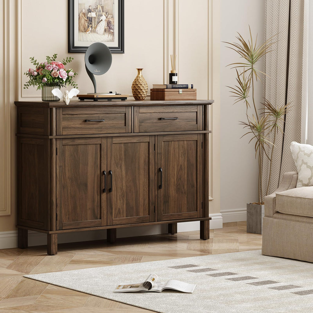 ONBRILL 48 Inches Buffet Cabinet with Storage, Farmhouse Sideboard Buffet w/2 Drawers and 3 Doors, Wood Coffee Bar Cabinet with Adjustable Shelves, Sideboard Storage for Kitchen, Living Room, Black