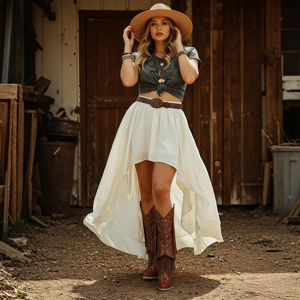Cowboy Boots for Women - Fringe Knee High Cowgirl Boots with Classic Embroidery, Pointed Toe Pull on Retro Design, Perfect for Western Parties, Weddings and Events