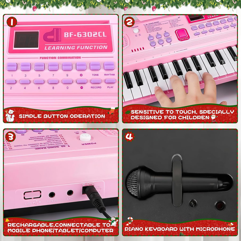 WOSTOO 61 Key Piano Keyboard for Kids, Portable 24.6-Inch Electronic Digital Piano with Follow Teaching Mode, Music Stand, Microphone & Recording, Educational Musical Instrument for Beginners, Pink