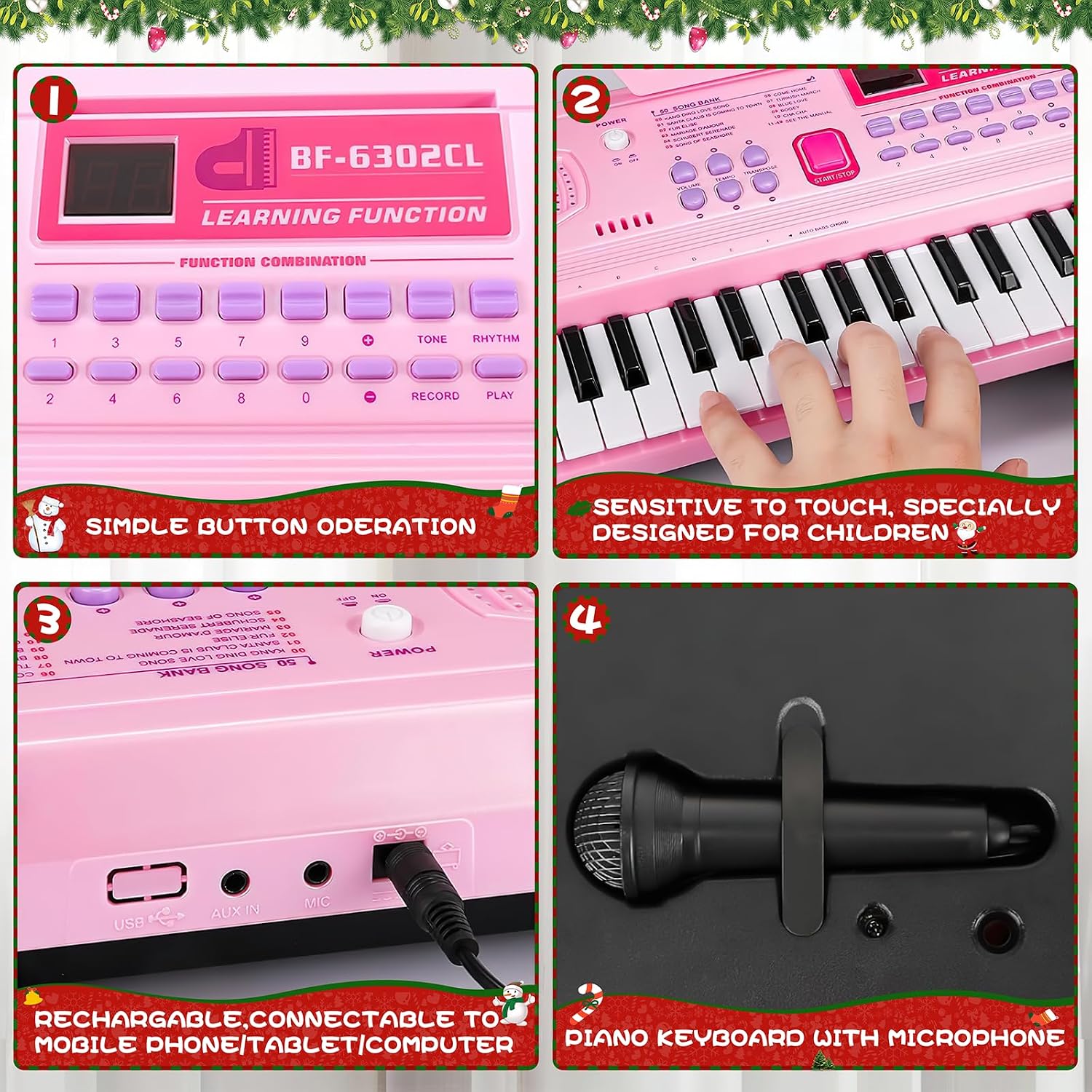 WOSTOO 61 Key Piano Keyboard for Kids, Portable 24.6-Inch Electronic Digital Piano with Follow Teaching Mode, Music Stand, Microphone & Recording, Educational Musical Instrument for Beginners, Pink