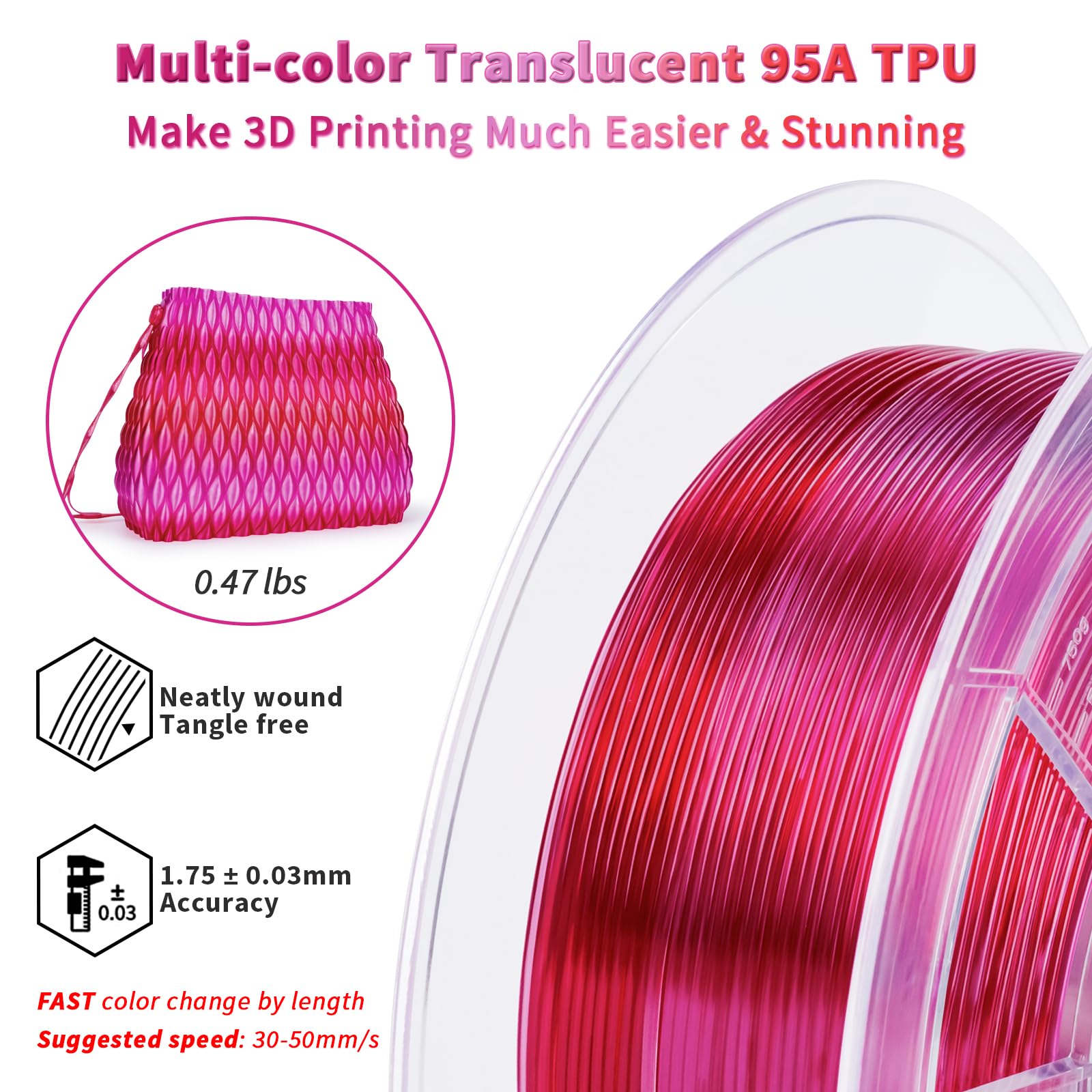 ZIRO TPU Filament 1.75mm 3D Printer Filament, Shore 95A Hardness TPU, Flexible Soft Material, 0.8KG/1.8lbs Spool, Fit Most FDM 3D Printers, Black