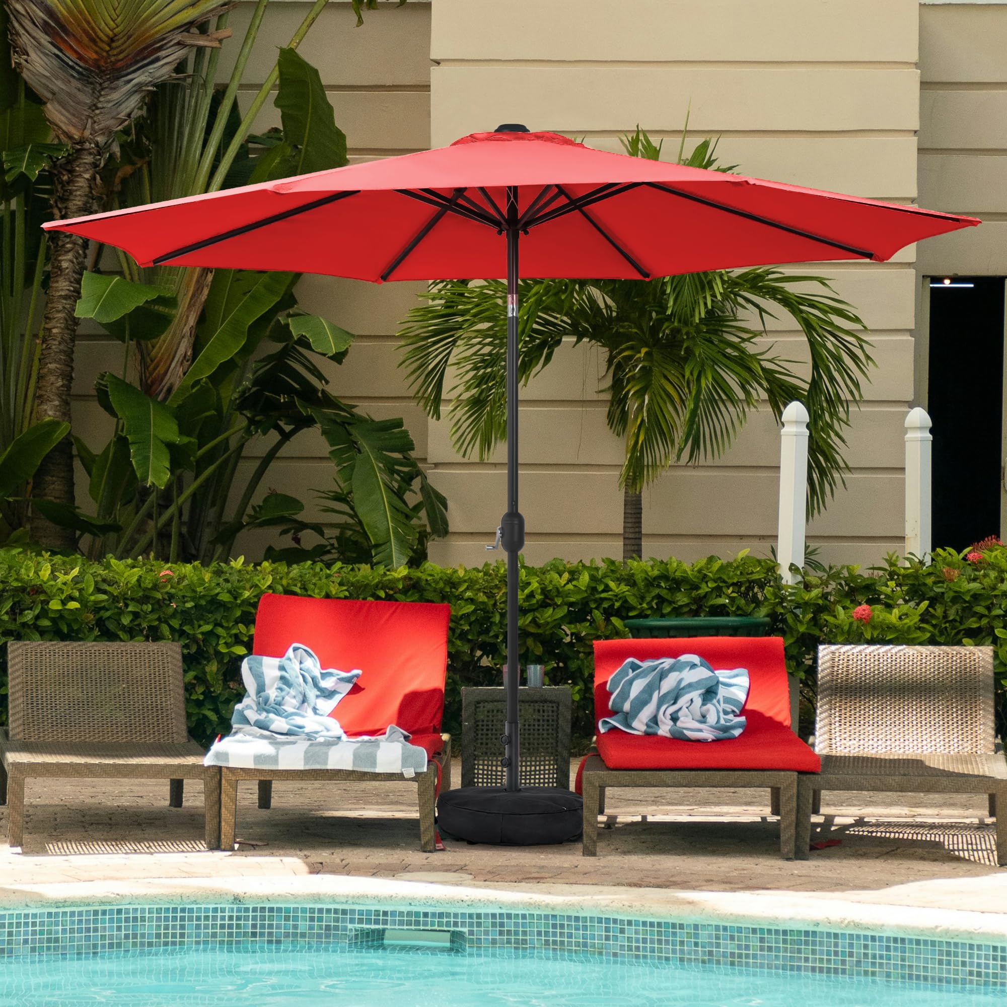 Sundale Outdoor 9FT Patio Umbrella with Sand Bag Umbrella Base, Outdoor Umbrella with Tilt and Crank, Beige
