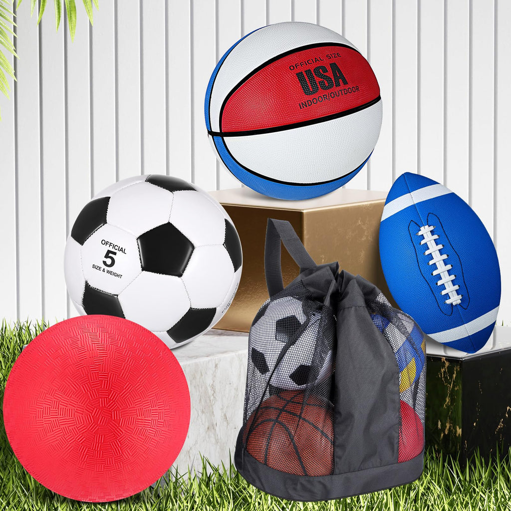 Lenwen 4 Pcs Sports Balls Set for Teen Adult, Include Official Size Basketball Soccer Football Playground Ball Pump Equipment Bag Ball Gifts Back to School
