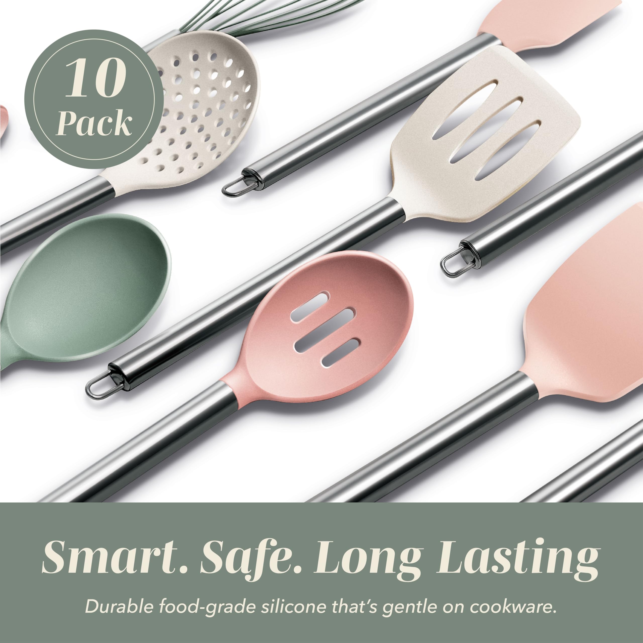 COOK WITH COLOR Silicone Cooking Utensils, Kitchen Utensil Set, Easy to Clean Silicone Kitchen Utensils, Cooking Utensils for Nonstick Cookware, Kitchen Gadgets Set with Holder, 10 Pieces