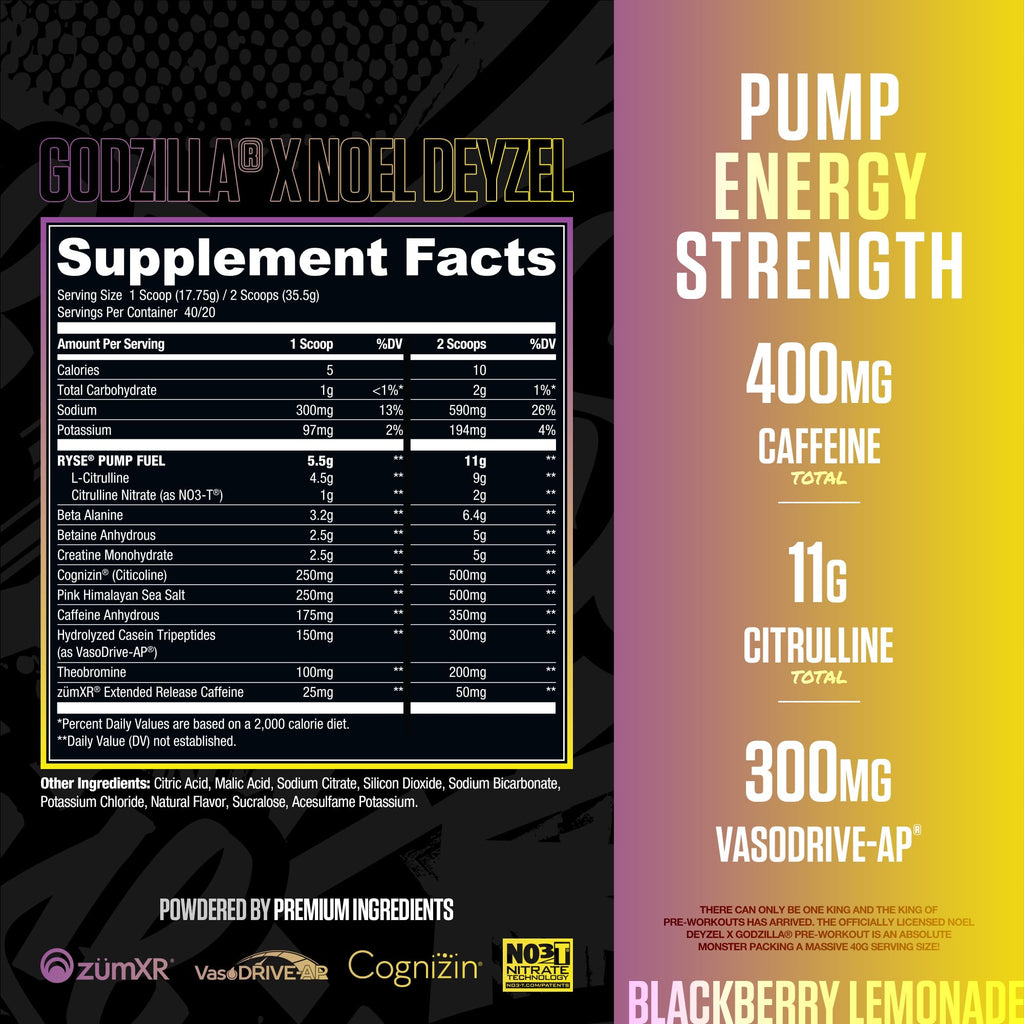RYSE Godzilla X Noel Deyzel Pre Workout Powder - BlackBerry Lemonade - 400mg Caffeine, High Stim Pre-Workout for Men & Women with Citrulline & Beta Alanine - Energy, Pump & Focus - 20/40 Servings