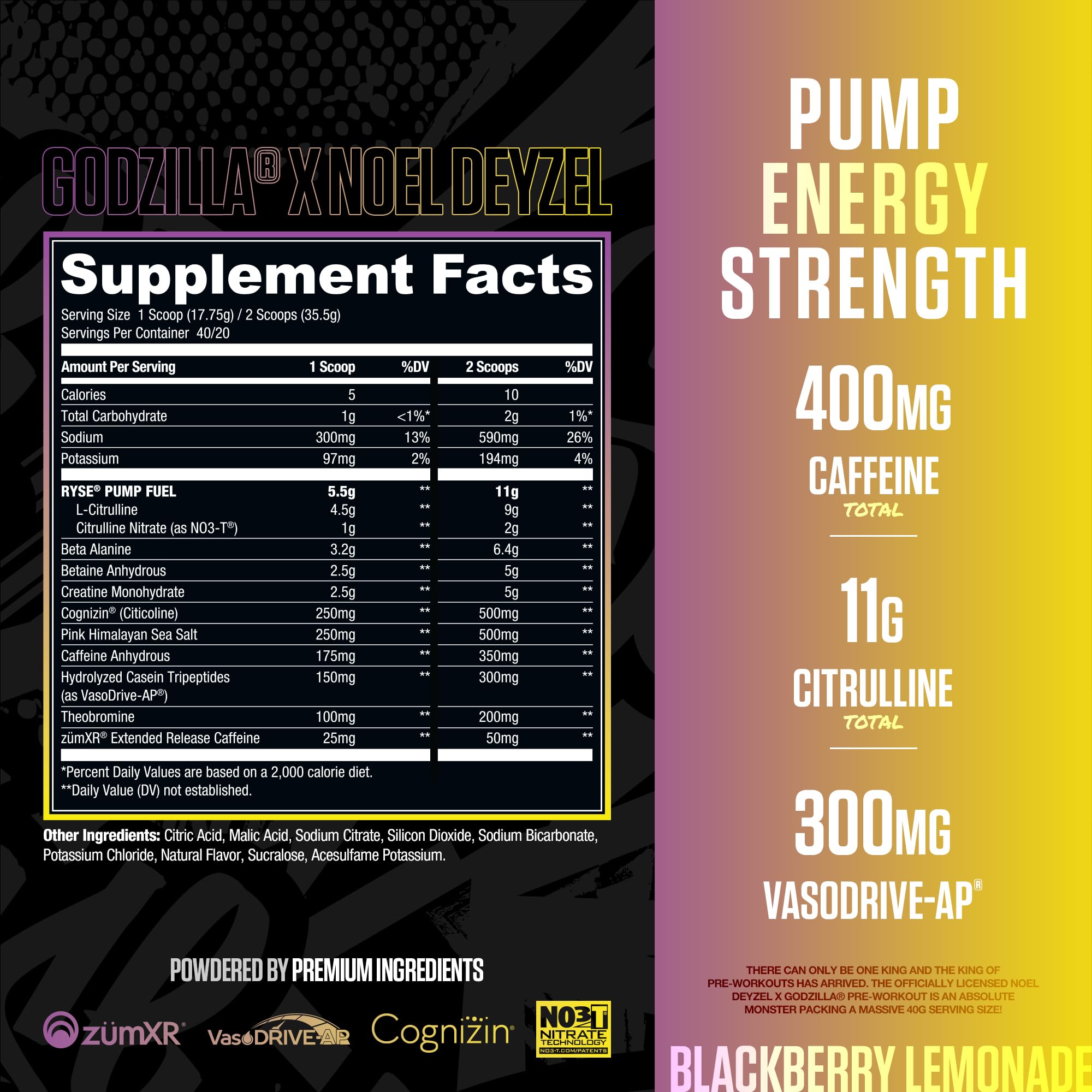 RYSE Godzilla X Noel Deyzel Pre Workout Powder - BlackBerry Lemonade - 400mg Caffeine, High Stim Pre-Workout for Men & Women with Citrulline & Beta Alanine - Energy, Pump & Focus - 20/40 Servings