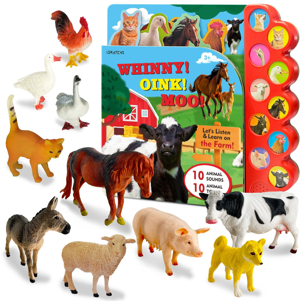 iGRATENS Dinosaur Toys with Sound Books, 10PCS Dino Toy for Toddlers & Animal Sounds Book with 10 Buttons, Realistic Plastic Animal Figures, Dinosaur Toys for Kids 3-5, Dinosaurs Lover Gifts for Kids