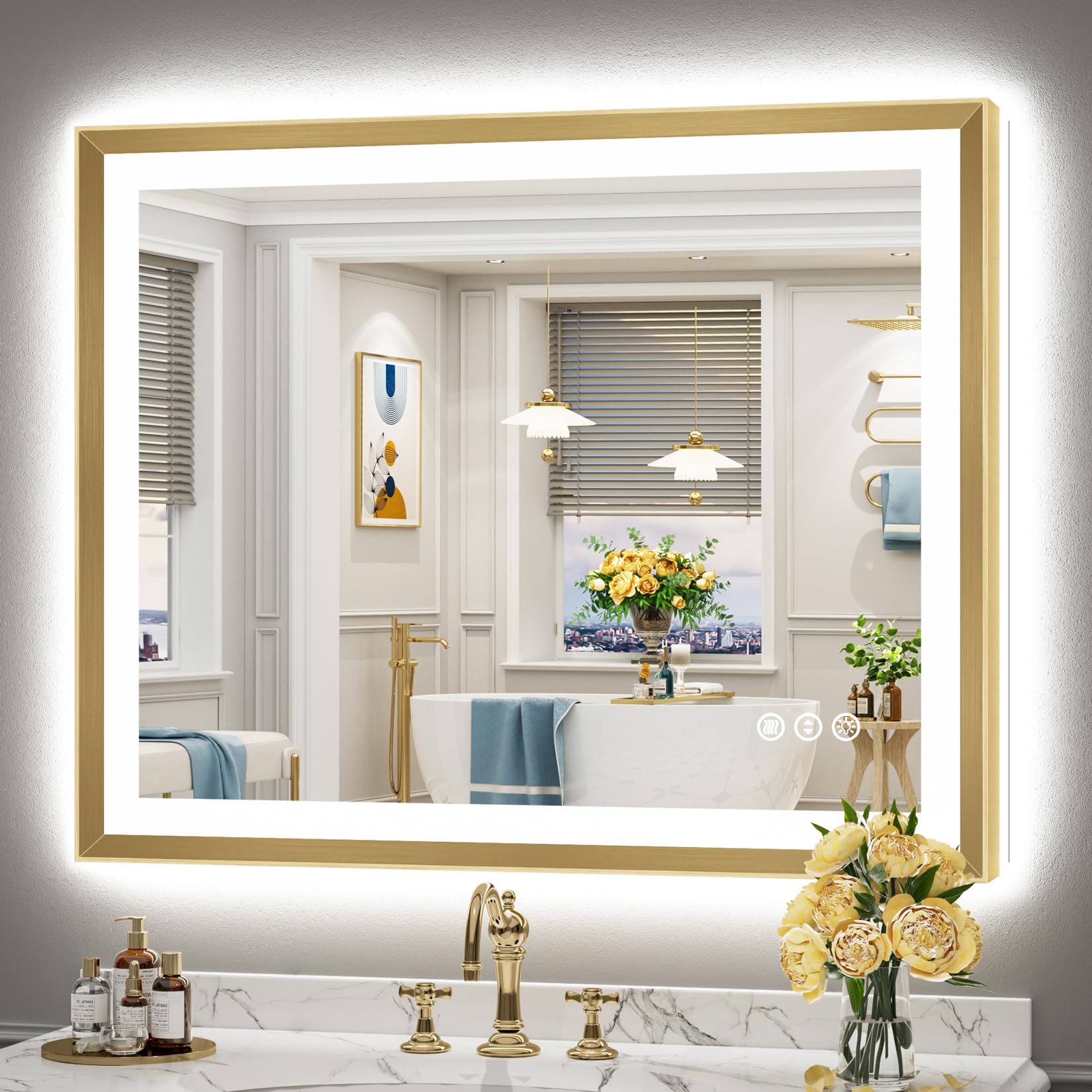 24x36 Gold Beveled LED Bathroom Mirror with Lights, Brushed Gold Framed Backlit and Front Lit Anti-Fog Lighted Vanity Mirrors for Bathroom Wall, Dimmable, 3 Colors, Memory, HD Tempered Glass