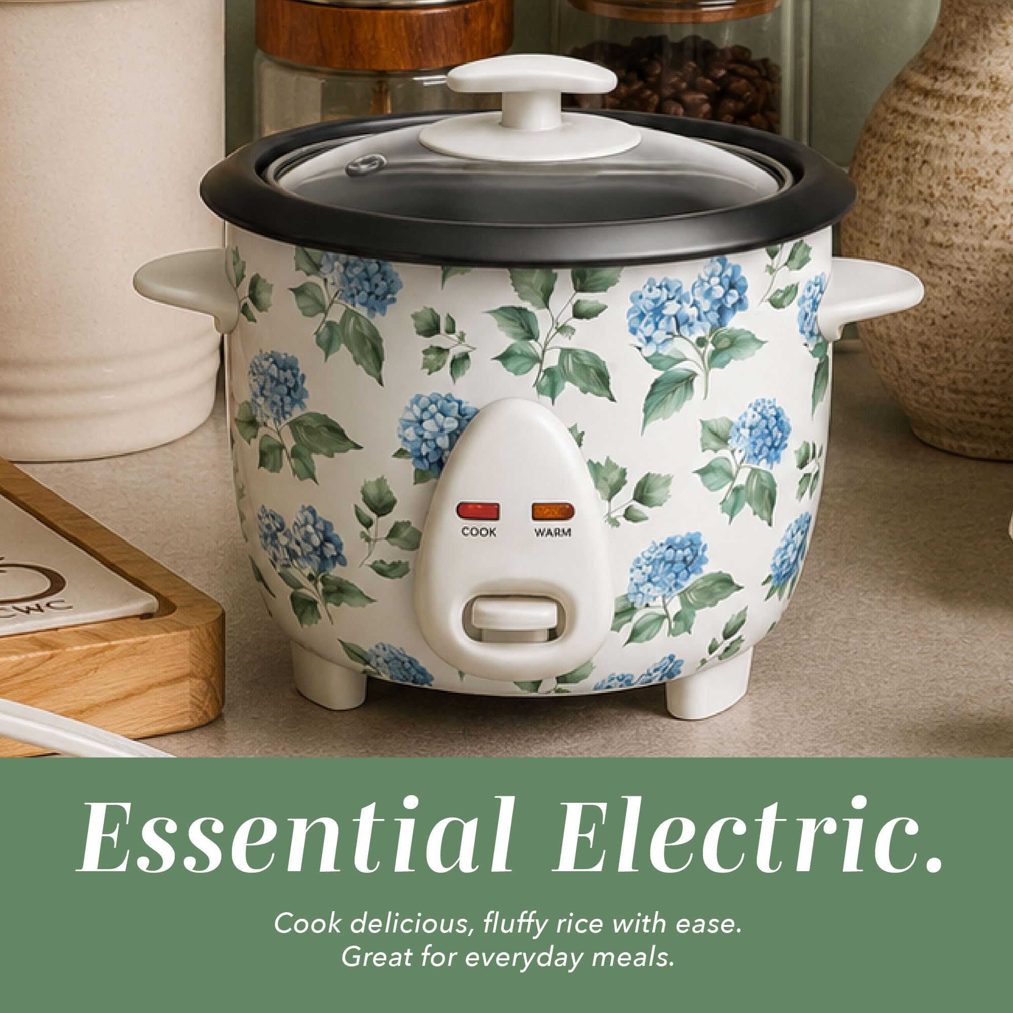 COOK WITH COLOR 6 Cup Rice Cooker 300W - Effortless Cooking and Perfectly, Cooks 3 Cups of Raw Rice for 6 Cups of Cooked Rice, Floral Blue
