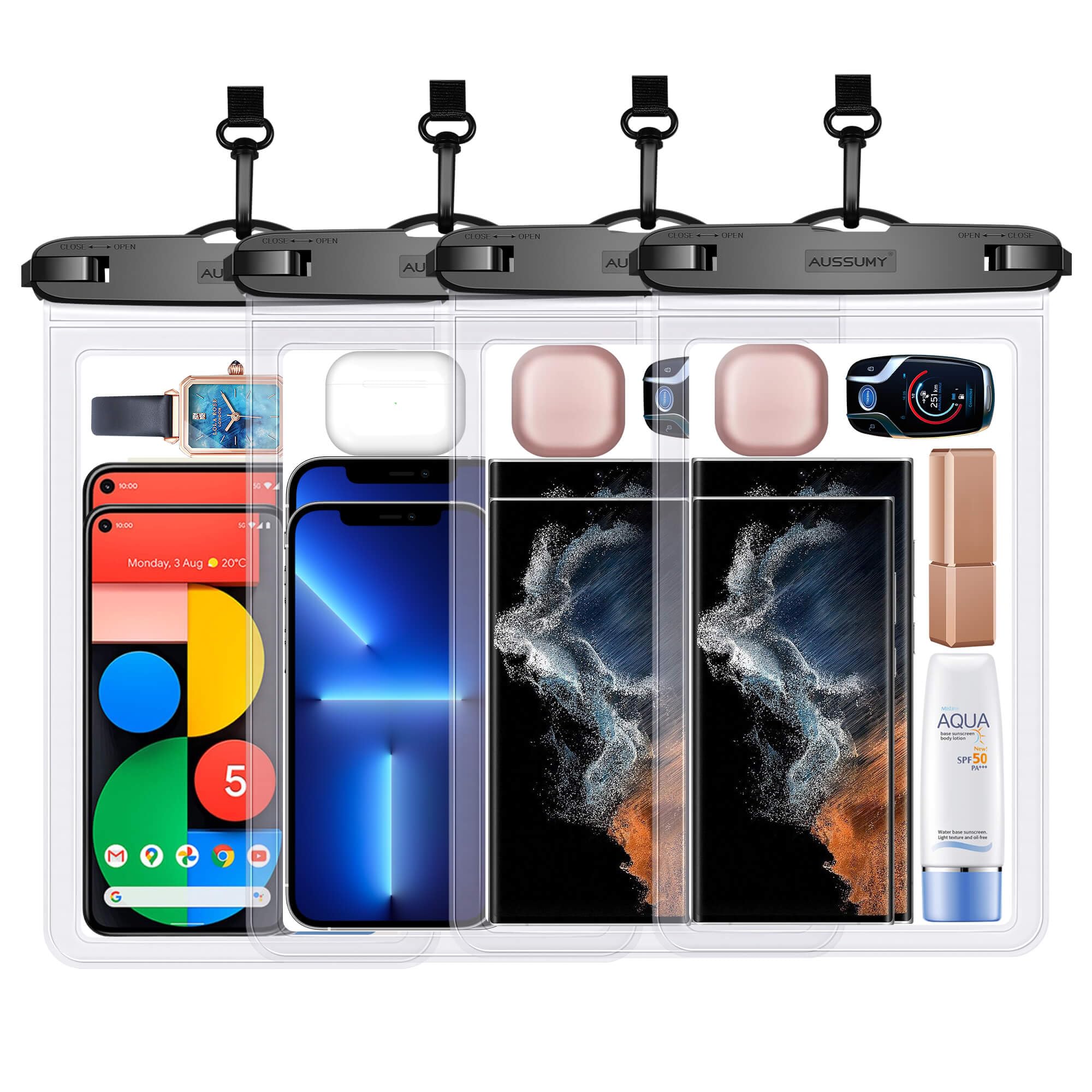 4 Pack 10.5“ Large Waterproof Phone Pouch - Underwater Clear Cell Holder - Universal Water Proof Dry Bag with Neck Lanyard for iPhone 16 Pro Max Samsung Galaxy with Heavy Case for Beach Swimming Pool