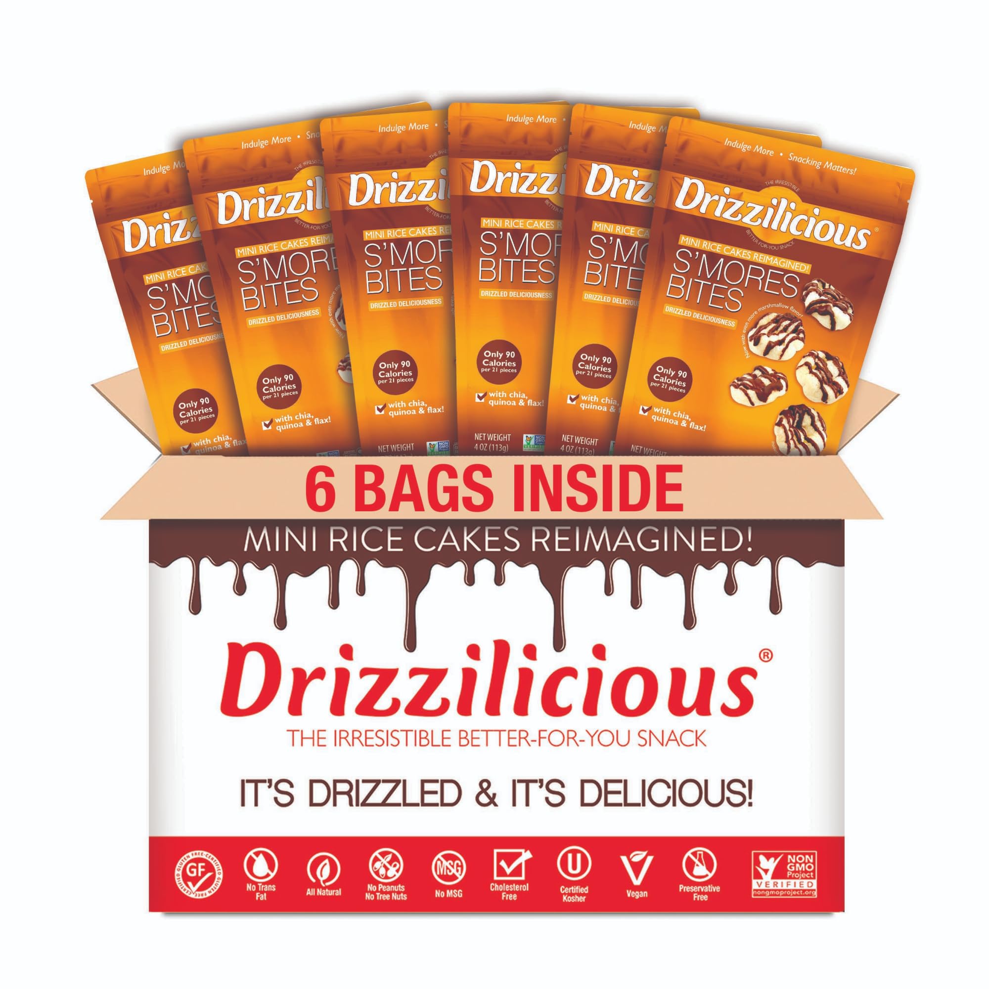 Drizzilicious Mini Flavored Rice Cakes - Rice Crisps, Healthy Snack for Adults and Kids, Vegan, Gluten Free Snack, 90 Calories Per 21 Pieces, S'mores & Cinnamon Swirl - 4 oz (Pack of 6)