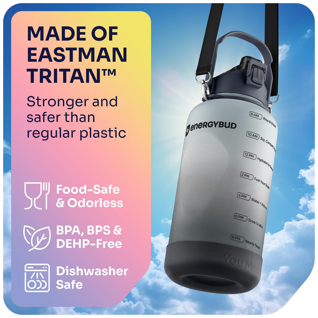 1/2 Gallon Water Bottle with 74.3 oz Capacity - Motivational Time Markers for Daily Hydration Goals - Leakproof BPA Free Tritan with Removable Straw