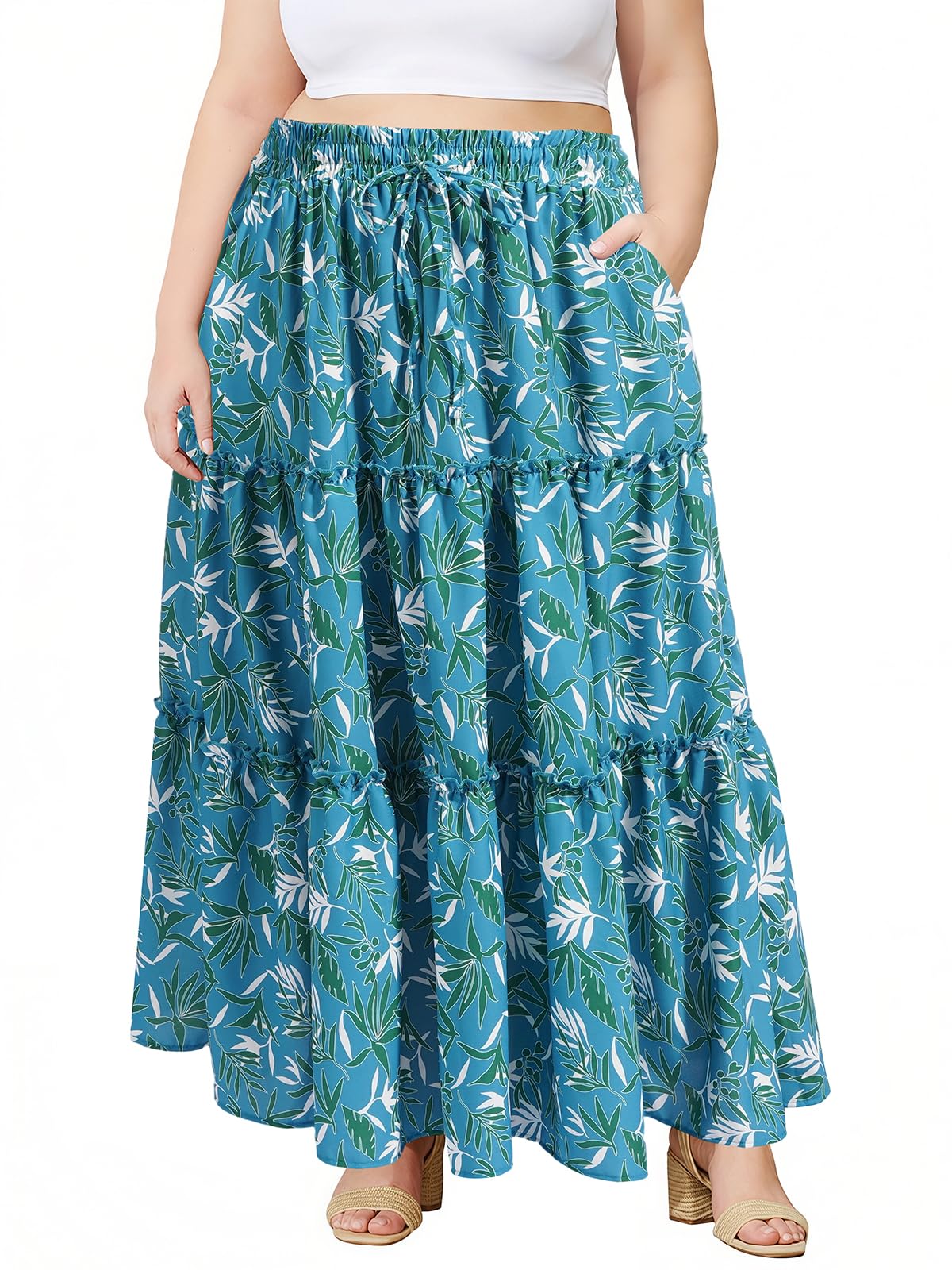 Moon Wood Plus Size Maxi Skirts for Women Trendy Long Flowy Boho Tiered Skirt Renaissance Summer Beach Skirt with Pockets