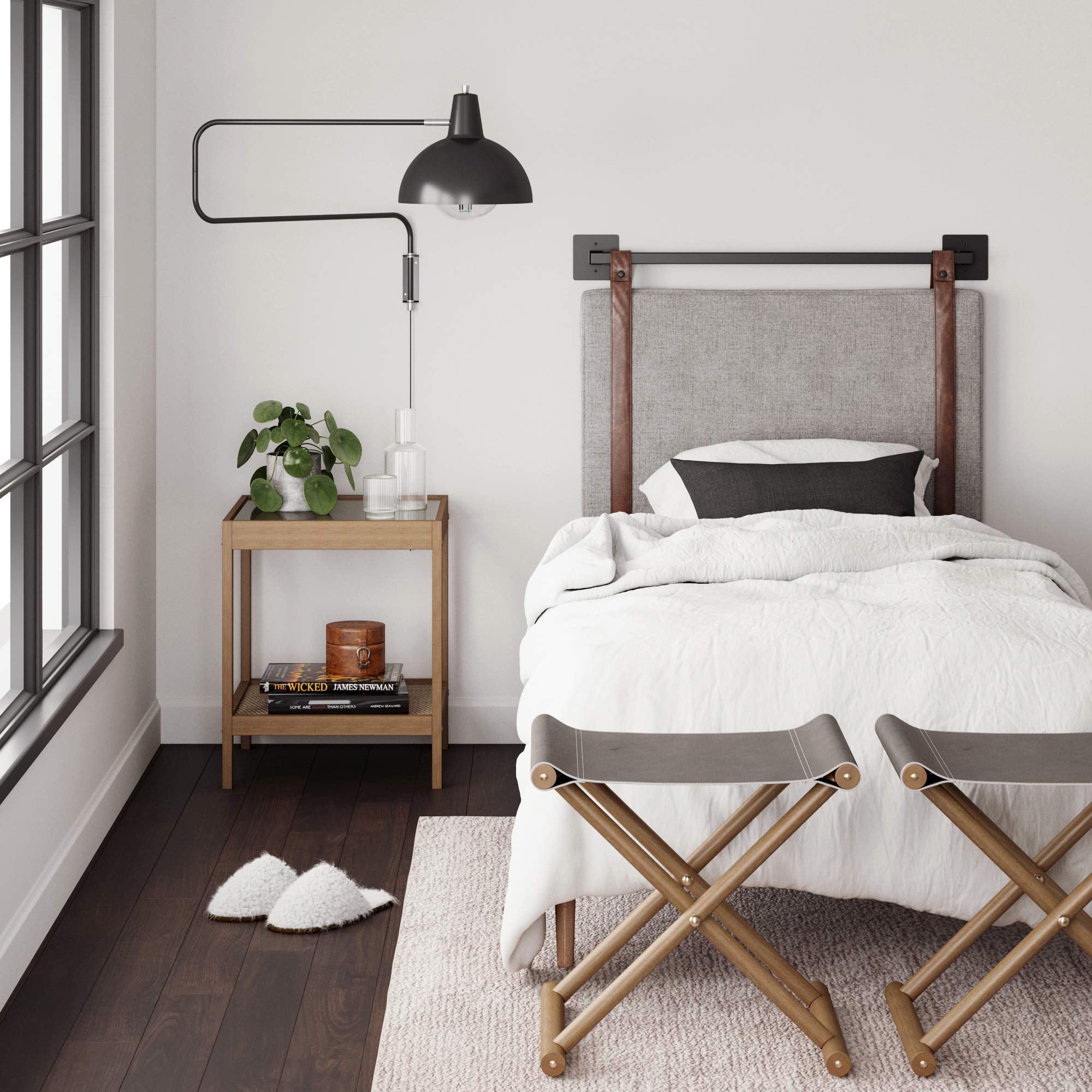 Nathan James Harlow Modern Wall Mount Hanging Headboard, Queen, Brown Faux Leather