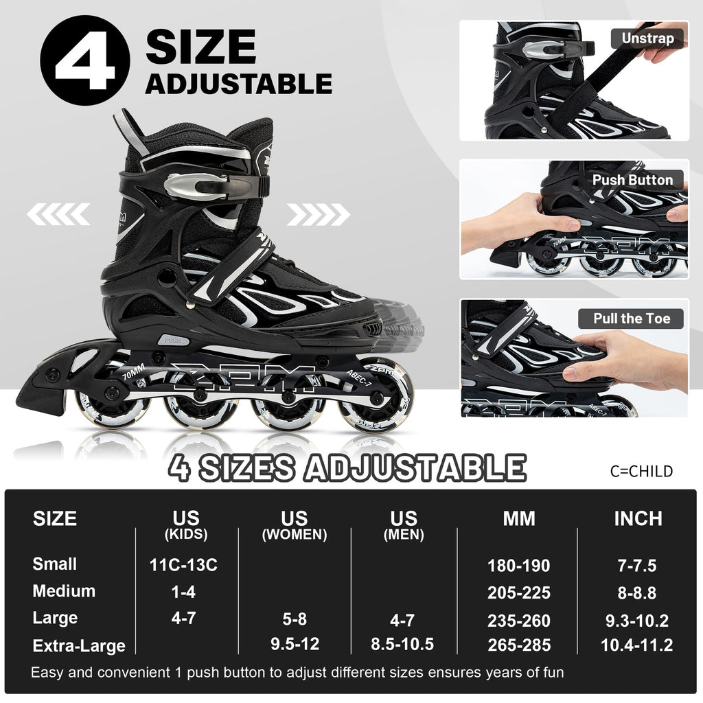 2PM SPORTS Vinal Girls Adjustable Flashing Inline Skates, All Wheels Light Up, Fun Illuminating Skates for Kids Men Adult Women and Boys