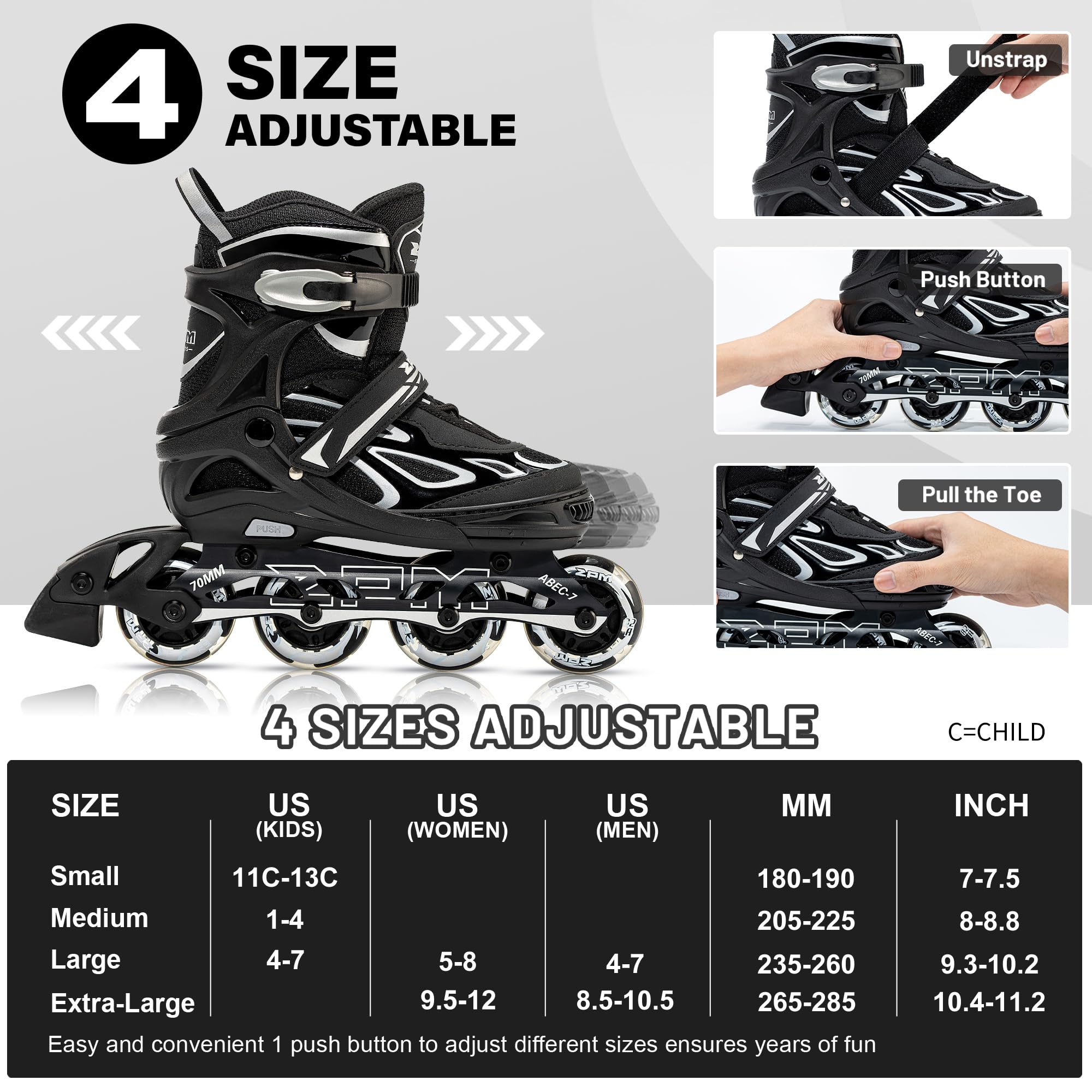 2PM SPORTS Vinal Girls Adjustable Flashing Inline Skates, All Wheels Light Up, Fun Illuminating Skates for Kids Men Adult Women and Boys