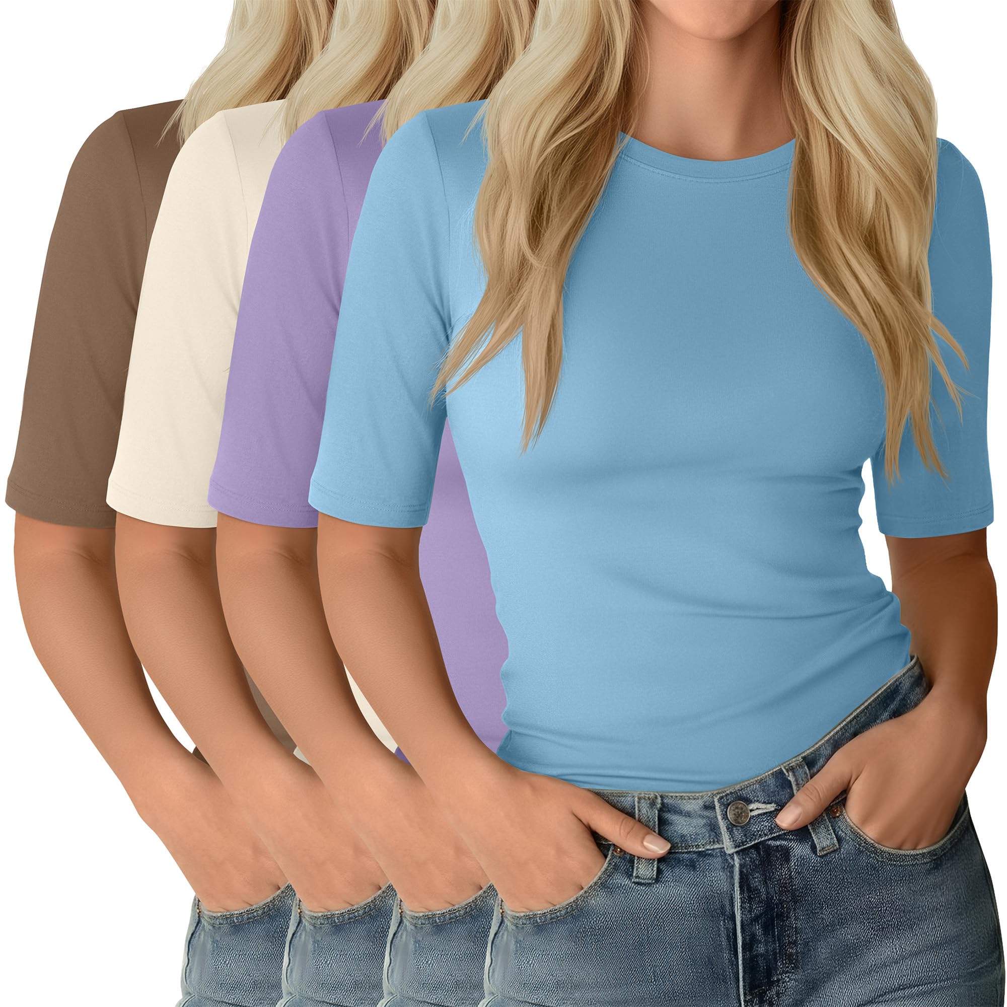Neer 4 Pack Women's Half Sleeve Tops Elbow Length Slim Fit Crewneck T-Shirts 1/2 Sleeve Casual Summer Basic Tees