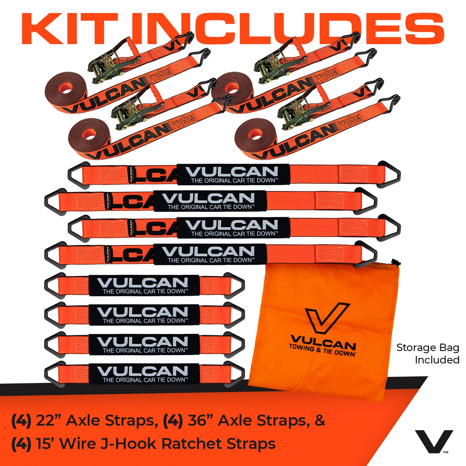 VULCAN Complete Axle Strap Tie Down Kit with Snap Hook Ratchet Straps - Classic Yellow - Includes (4) 22 Inch Axle Straps, (4) 36 Inch Axle Straps, and (4) 8' Snap Hook Ratchet Straps