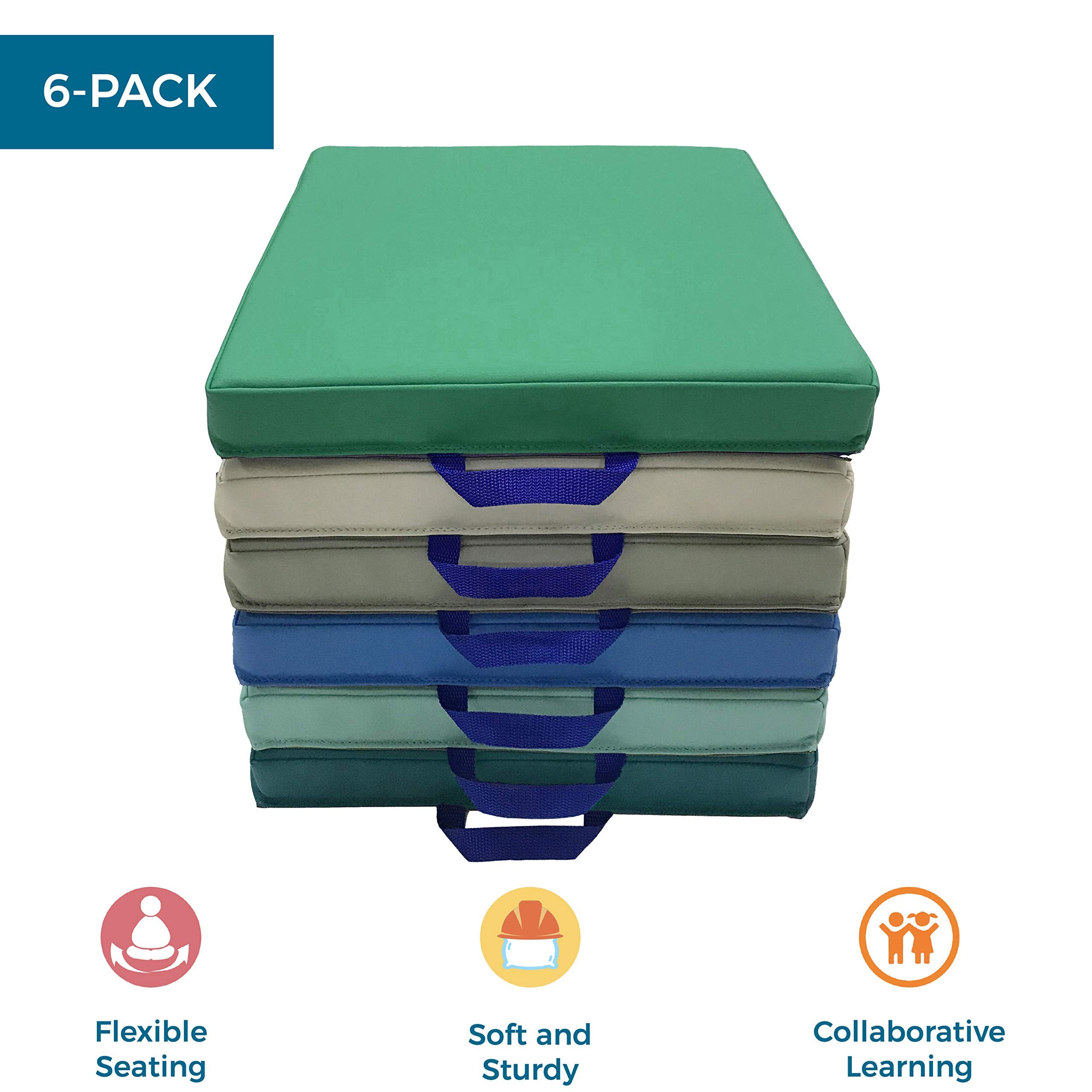 Factory Direct Partners SoftScape 15 inch Square Classroom Floor Cushions with Handles; Flexible Seating for Daycare, Preschool, Playroom; 2 inch Thick Deluxe Foam (6-Piece) - Assorted, 12228-AS