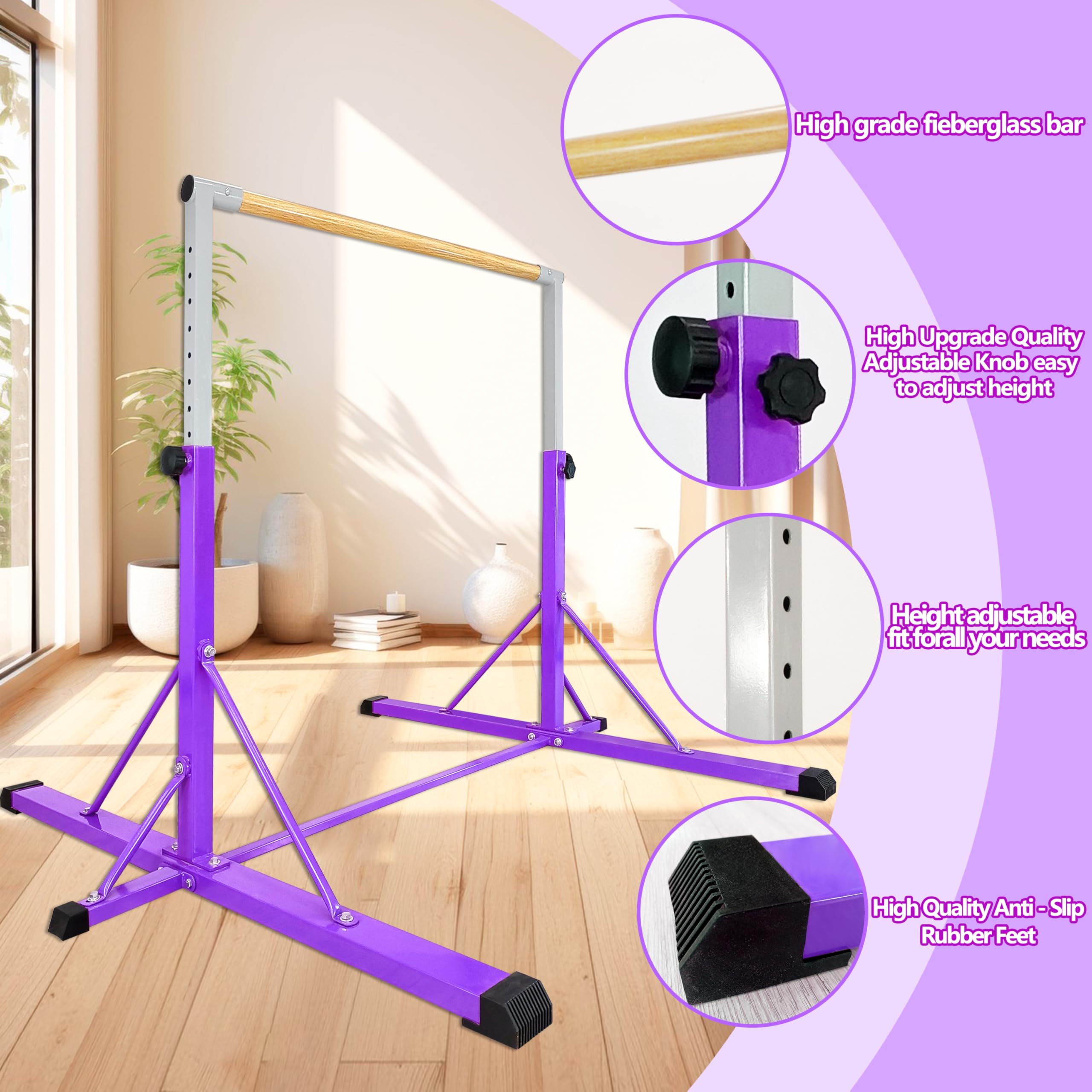 FC FUNCHEER Gymnastics Bar for Kids Ages 3-15, 35" to 60" Adjustable Height, 4FT Wide Base - Professional Kip Bar with 360° Stability & Fiberglass Crossbar, Easy Fold&Solid Design for Home Training