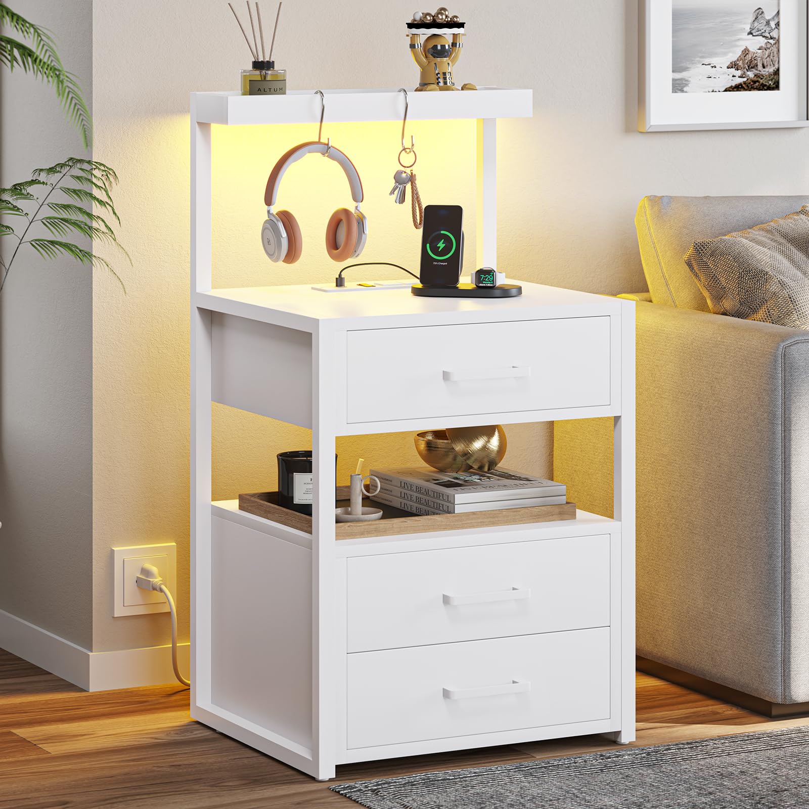 VIAGDO Led Nightstand with Charging Station, 3 Drawers Night Stands with Led Lights, Black Bedside Tables with Storage Shelves, Modern End Side Tables for Bedroom, Office