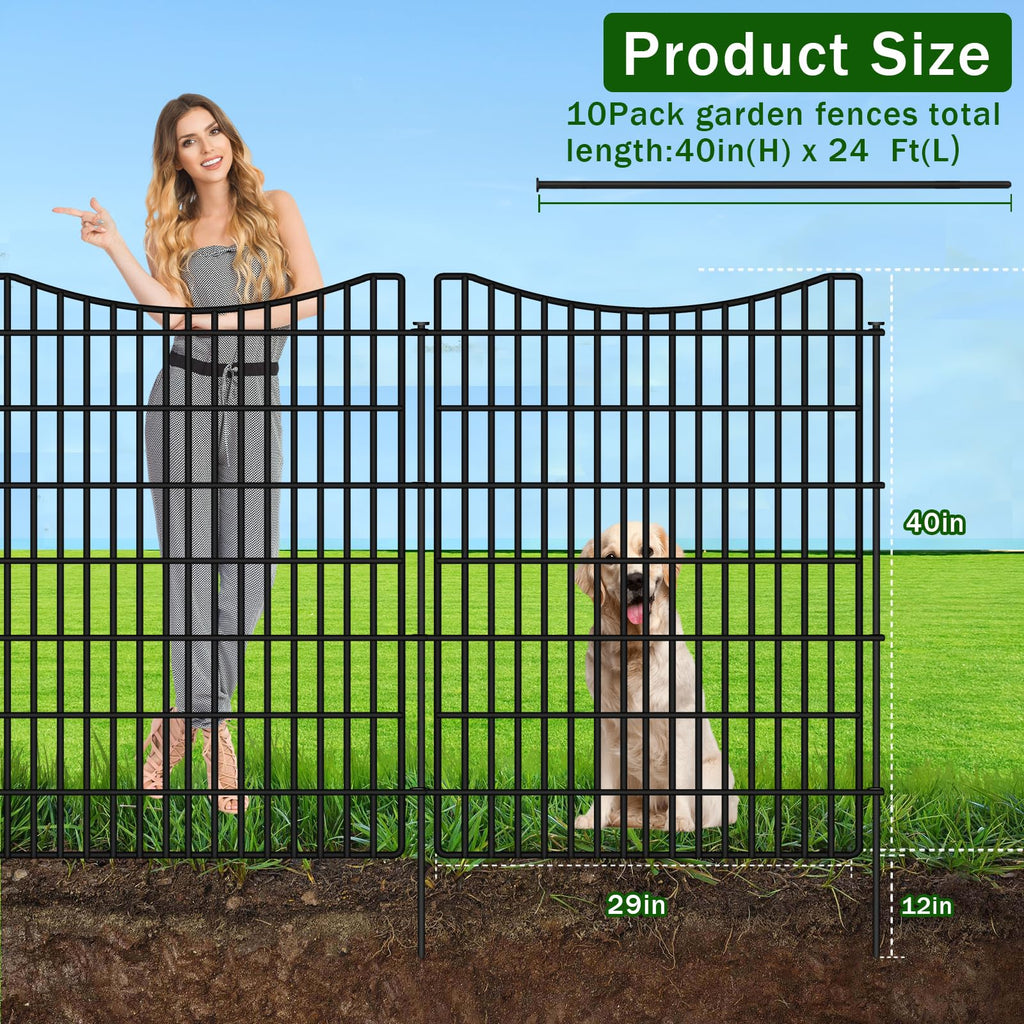 10 Panels Garden Fence Animal Barrier, 33 in(H) X 24 ft(L) Dog Fence Outdoor for Yard with Lock, Tall Metal Fencing with Ground Stakes, Temporary Fencing for Dog, Rabbits, and Patio Border