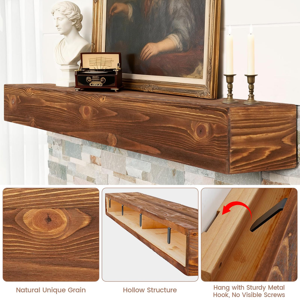 G GOOD GAIN Fireplace Mantel 54inch - Handmade Rustic Wood Mantel for Over Fireplace | Wall Mounted Floating Mantle Shelves for Living Room Decor(Chocolate, 54Lx5Hx8D)