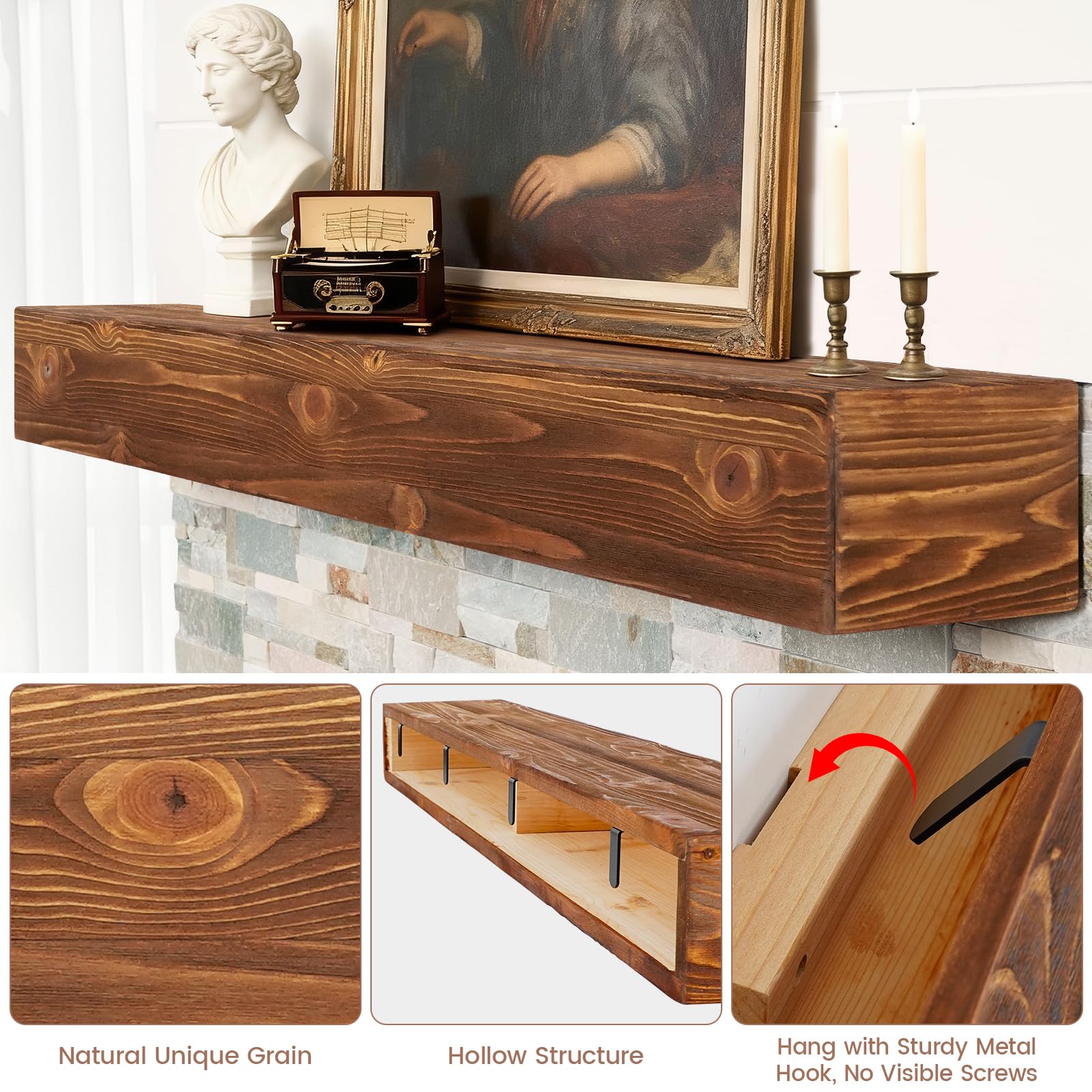G GOOD GAIN Fireplace Mantel 54inch - Handmade Rustic Wood Mantel for Over Fireplace | Wall Mounted Floating Mantle Shelves for Living Room Decor(Chocolate, 54Lx5Hx8D)