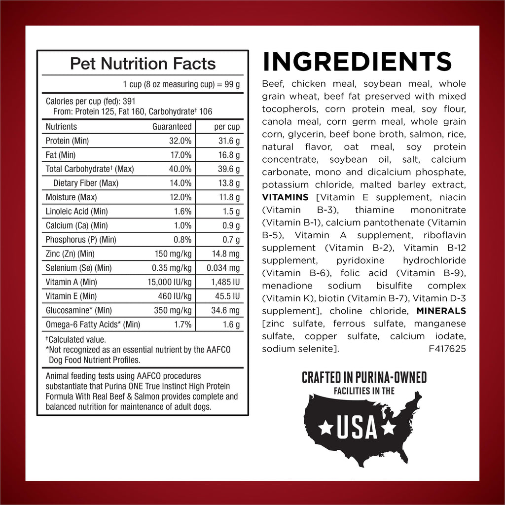 Purina ONE Natural High Protein Dry Dog Food Dry True Instinct with Real Beef and Salmon With Bone Broth and Added Vitamins, Minerals and Nutrients - 15 lb. Bag