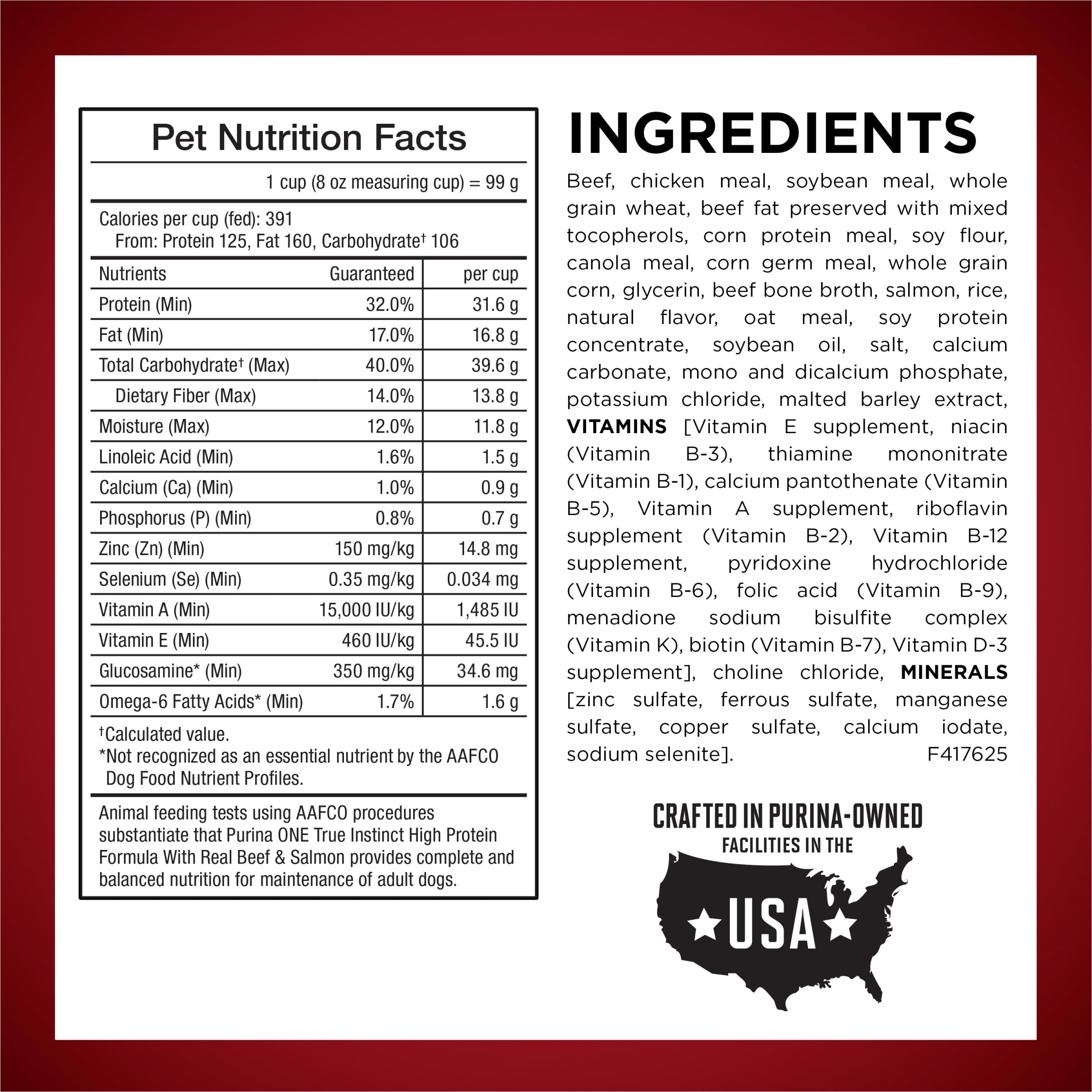 Purina ONE Natural High Protein Dry Dog Food Dry True Instinct with Real Beef and Salmon With Bone Broth and Added Vitamins, Minerals and Nutrients - 15 lb. Bag
