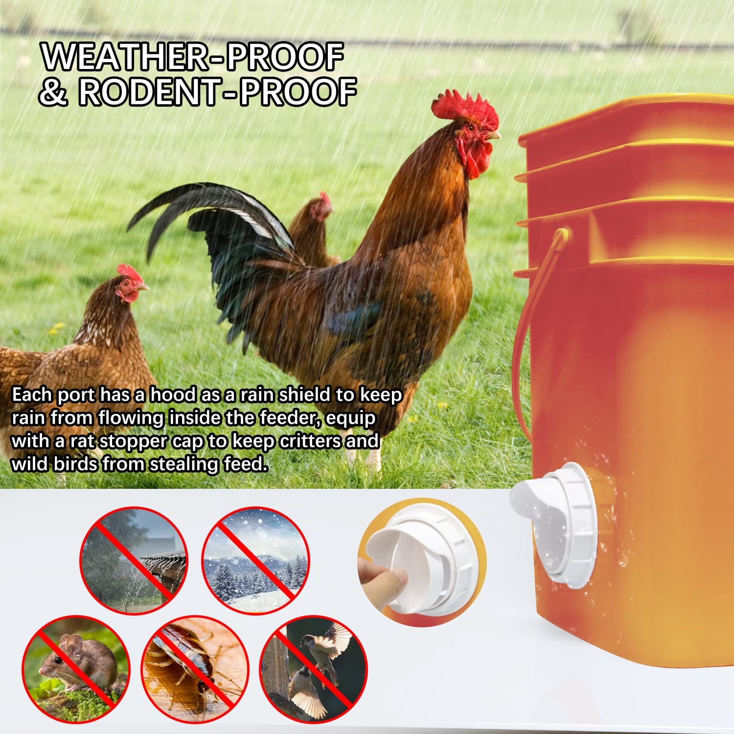 Chicken Feeder Port, 6 Pack Chicken Feeders No Waste with 6 Lids 1 Drill Bit, DIY Automatic Poultry Feeder Cups Kit, Chicken Bucket Feeder for Barrels (White)