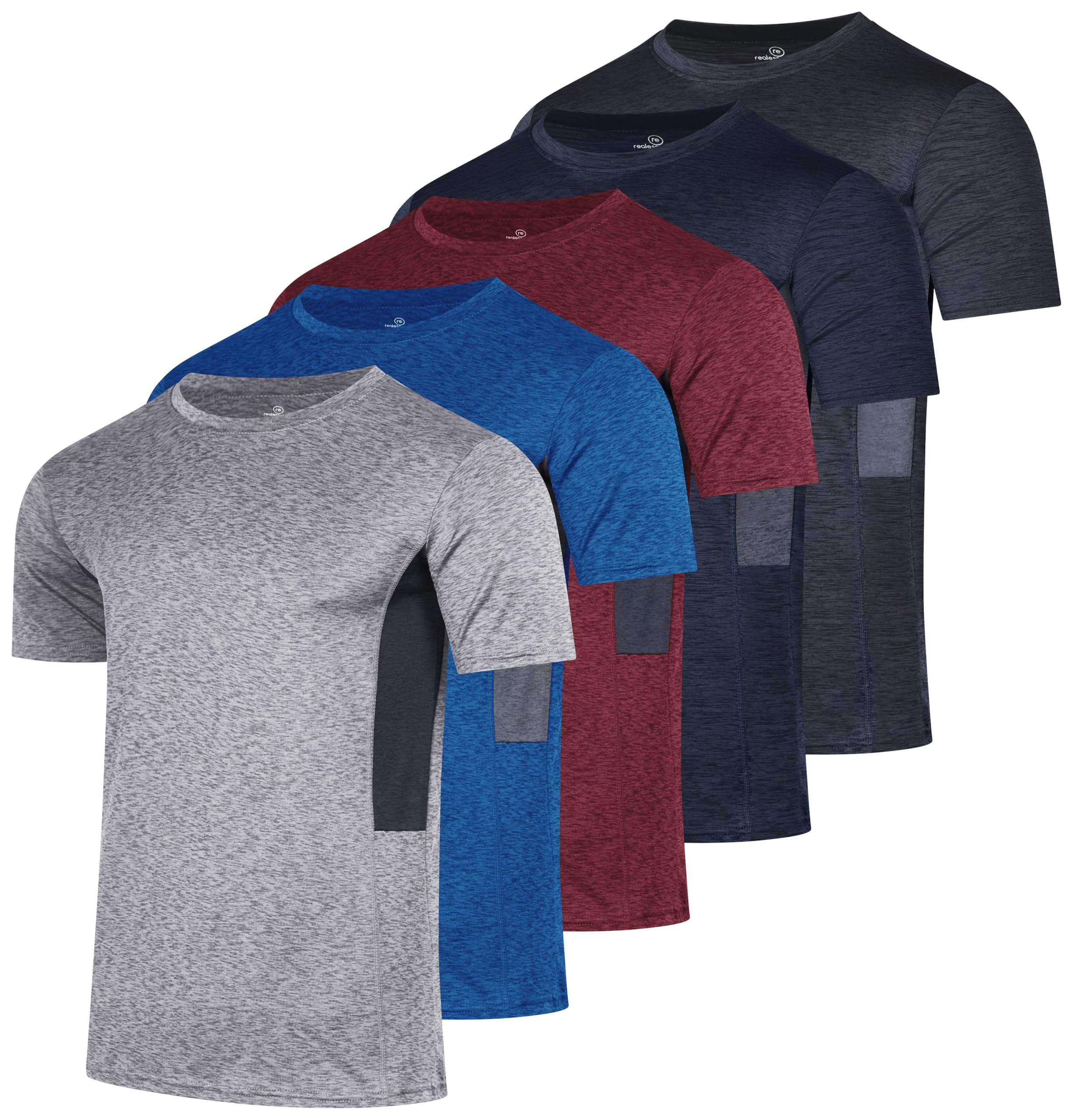 Real Essentials 5 Pack: Men's Dry-Fit Short Sleeve Crew Neck T Shirts Fitness Running Gym Workout Cool Exercise Athletic Tee