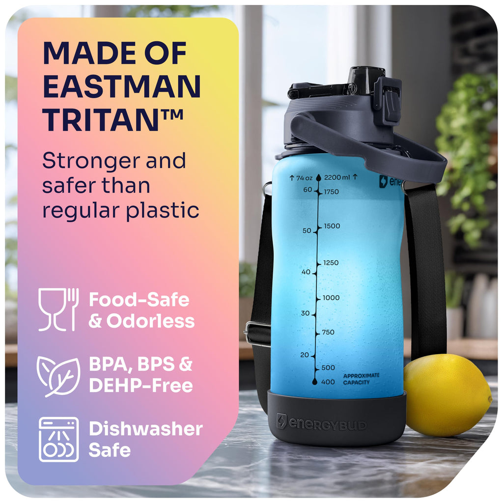 1/2 Gallon Water Bottle with 74.3 oz Capacity - Motivational Time Markers for Daily Hydration Goals - Leakproof BPA Free Tritan with Removable Straw