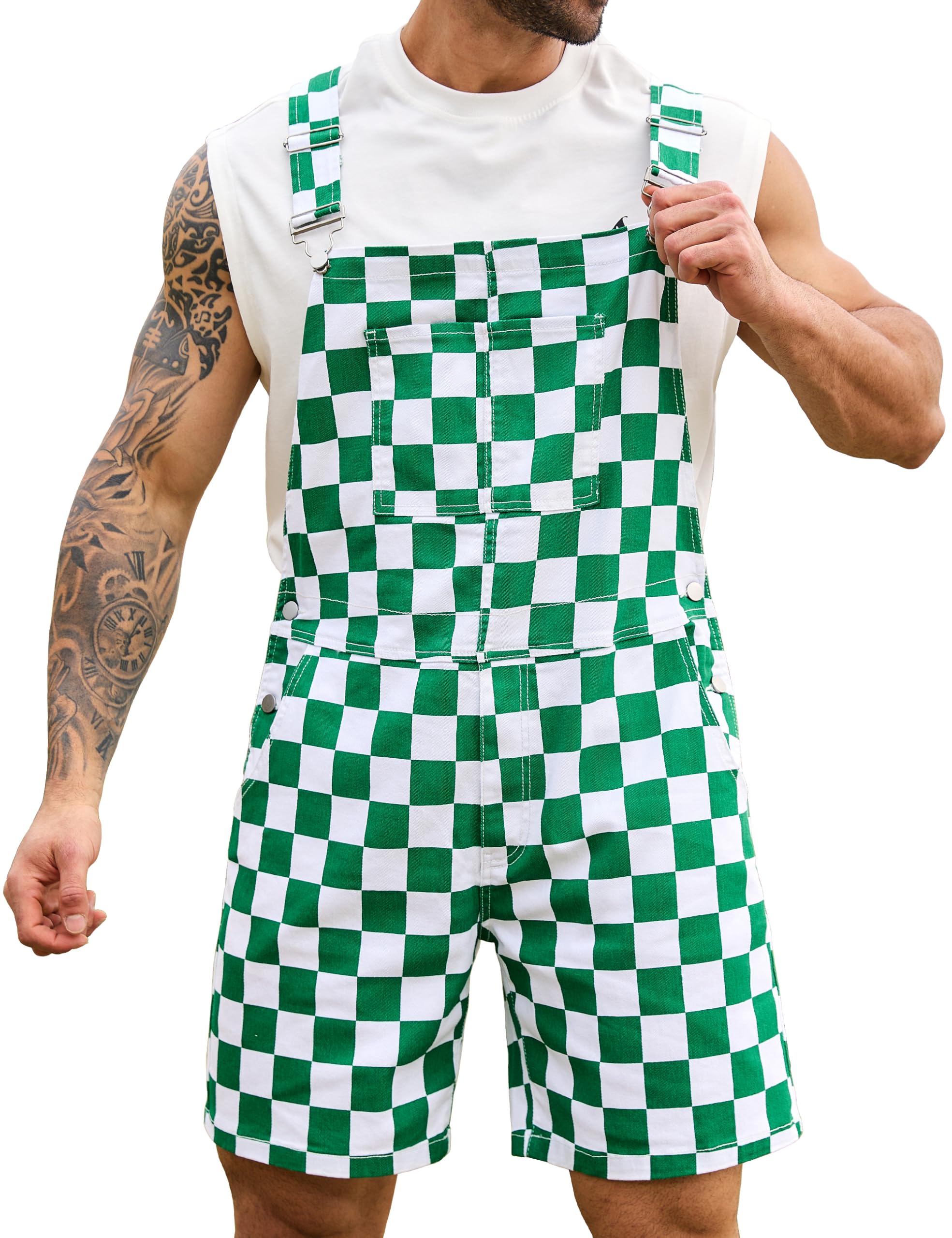 Odefou Checkered Bib Overalls for Men Jumpsuit Shorts Work Coveralls