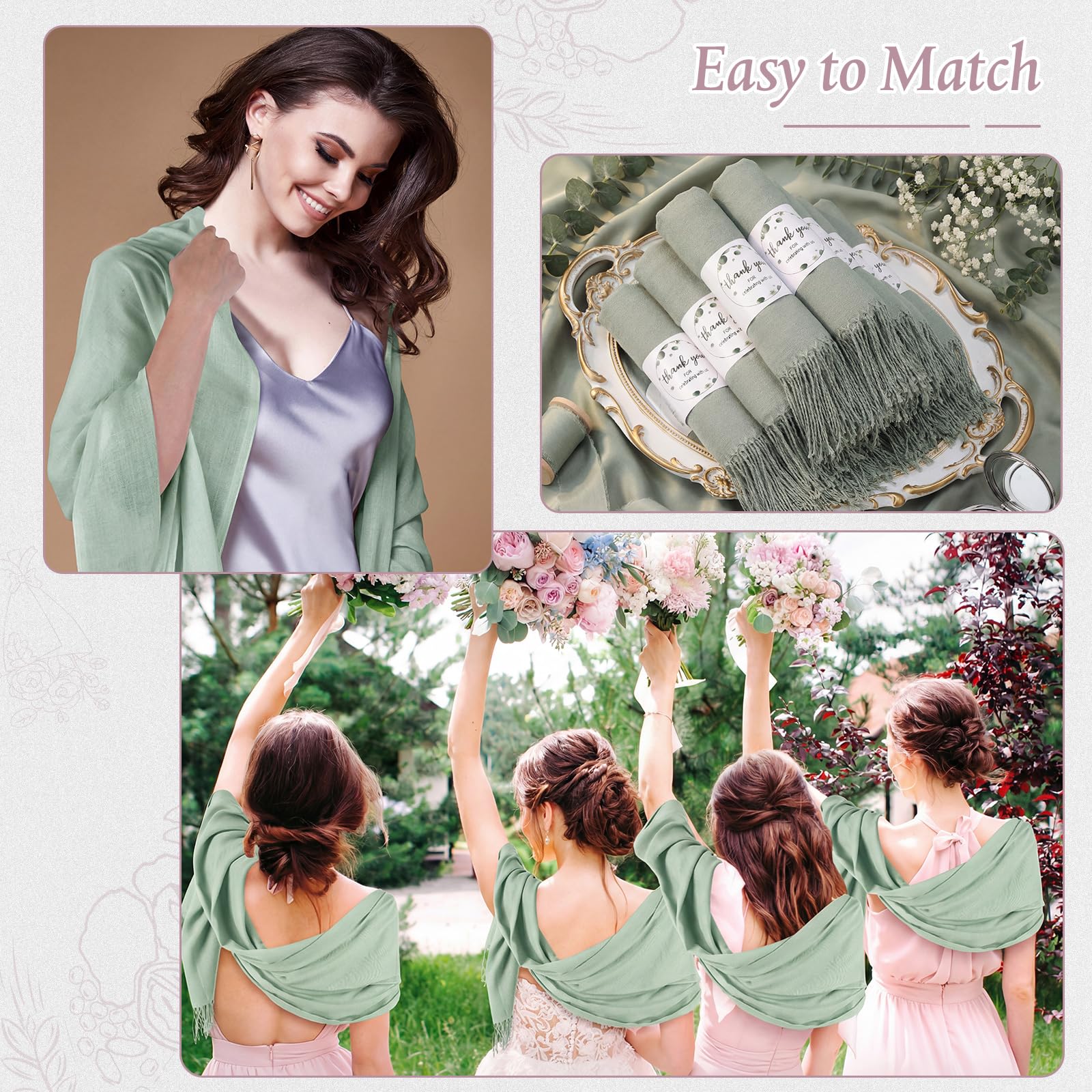 Ramede 50/100 Bulk Wedding Shawl Scarf for Women 79 x 28 Guests Shawl Wraps Gifts for Women Bridal Shawls with Thank Cards