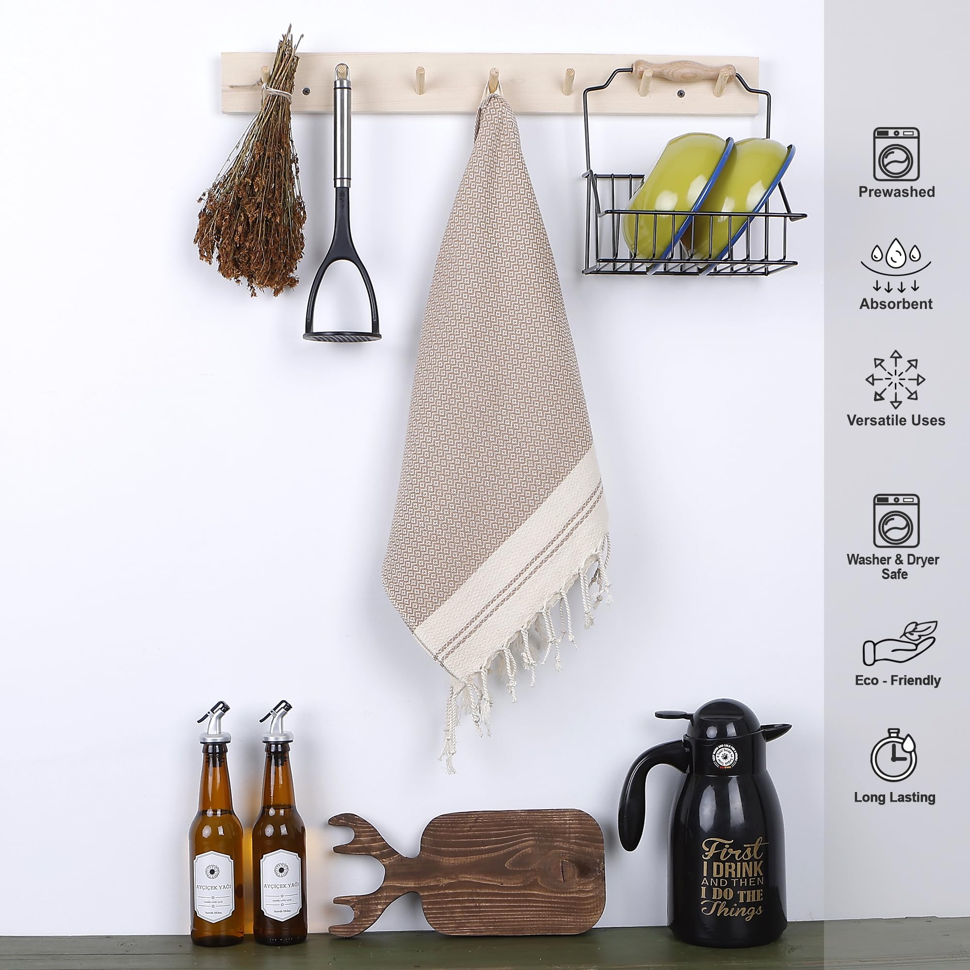 Evelynen Turkish Hand Towels for Bathroom & Kitchen Towels Decorative Set of 2 | Boho Farmhouse Hand Towels with Hanging Loops for Face, Tea, Dish, Kitchen & Bath | %100 Cotton (16" x 32" - Beige)