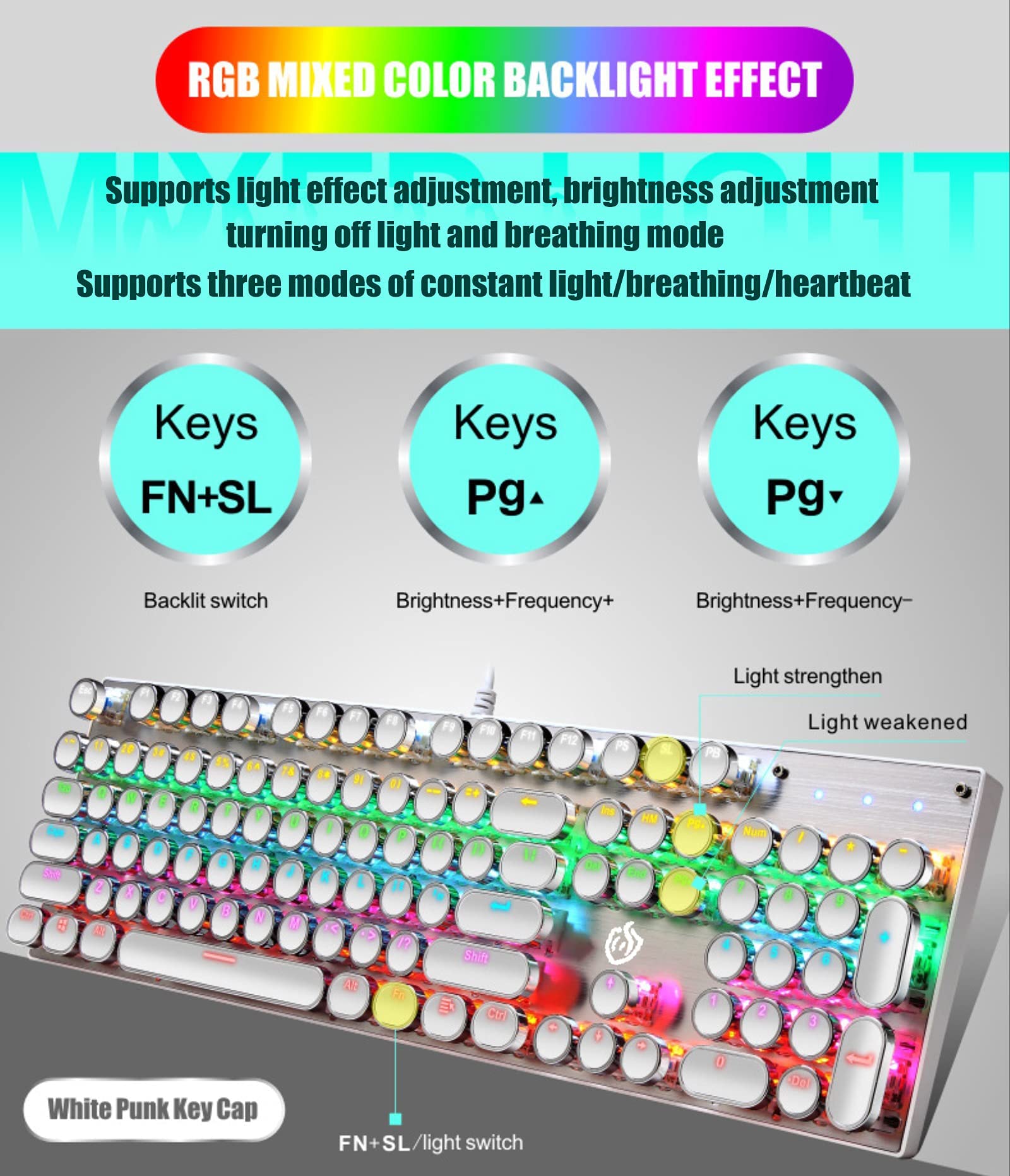 YSCP Typewriter Style Mechanical Gaming Keyboard RGB Backlit Wired with Blue Switch Retro Round Keycap 104 Keys Keyboard (R-Black)