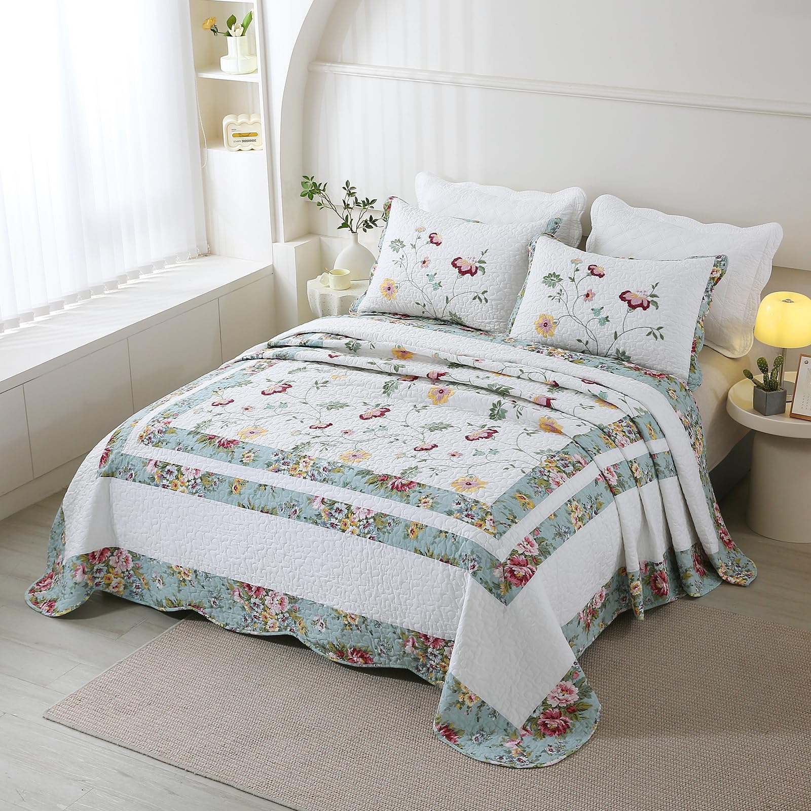 vctops 3-Piece Floral Embroidered Bedspread Coverlet Set Twin Size 100% Cotton Reversible Patchwork 1 Quilt and 2 Pillow Shams (Flower,Twin)