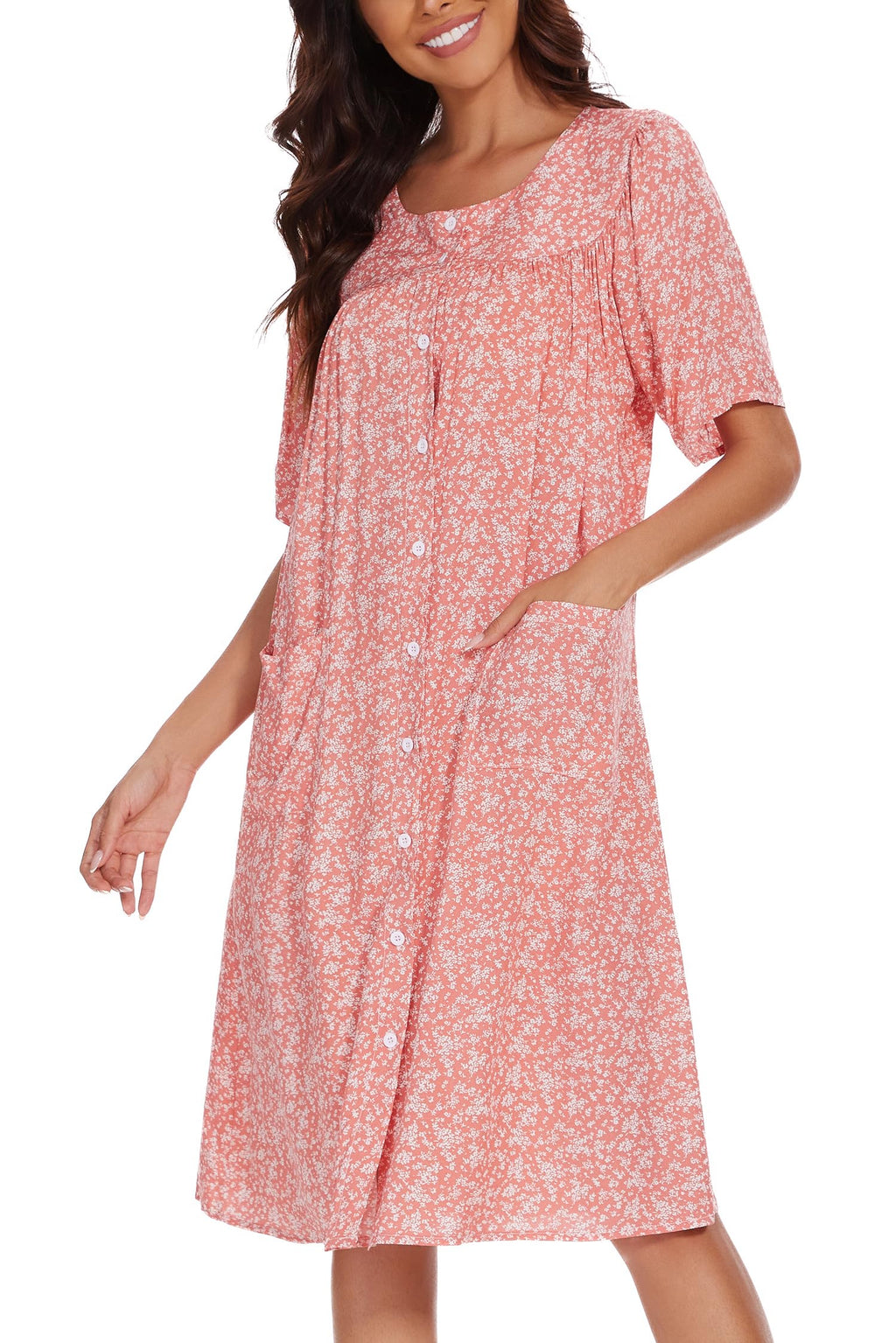 COSUNIONY House Dresses for Women Cotton Short Sleeve House Coat Buttons Down Dusters Robe with Pockets S-XXL