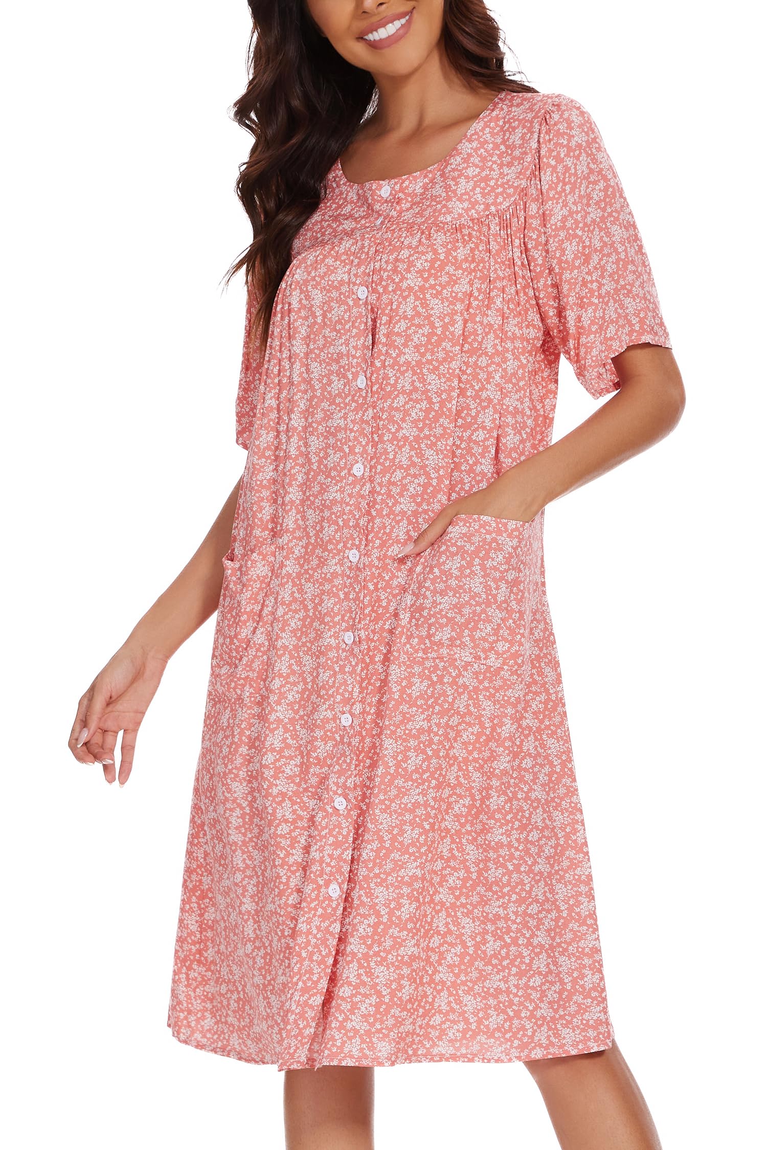 COSUNIONY House Dresses for Women Cotton Short Sleeve House Coat Buttons Down Dusters Robe with Pockets S-XXL